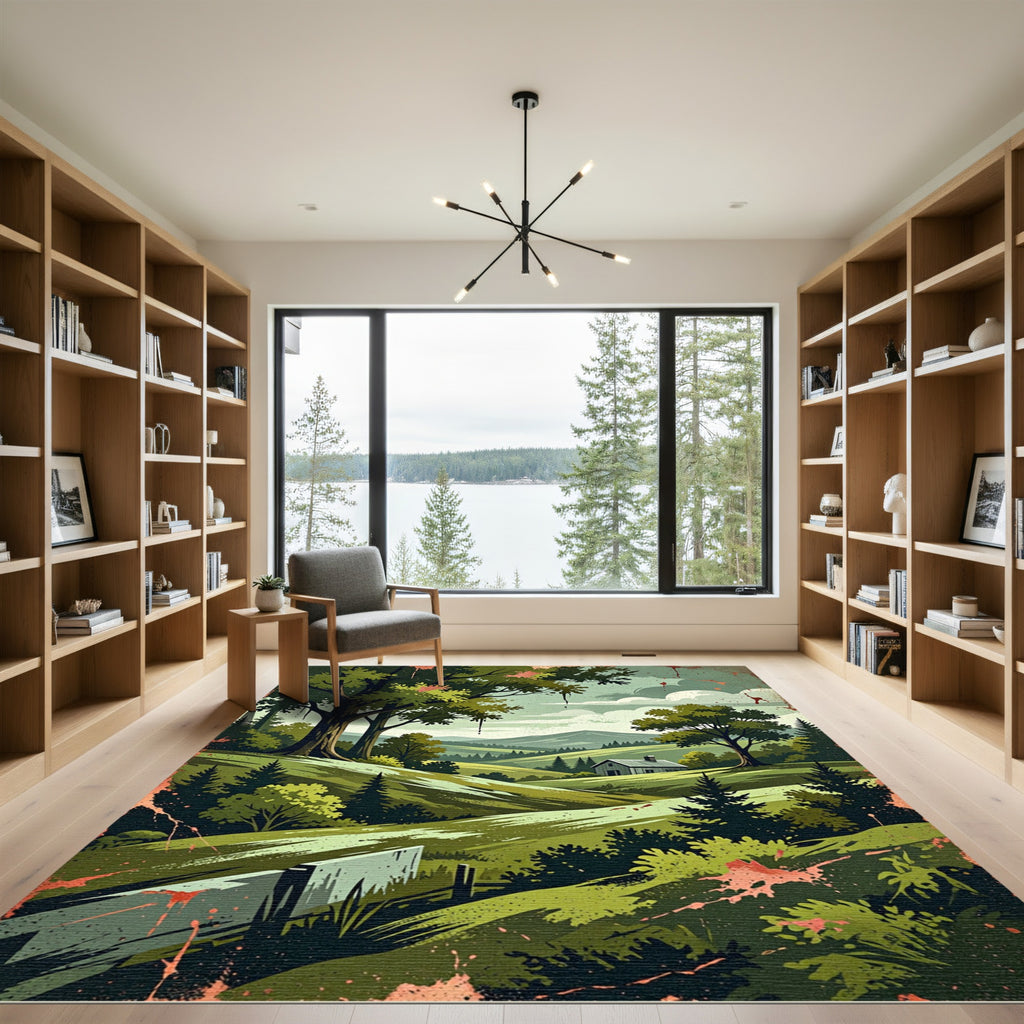 Serene Mountain Valley Forest Landscape Rug
