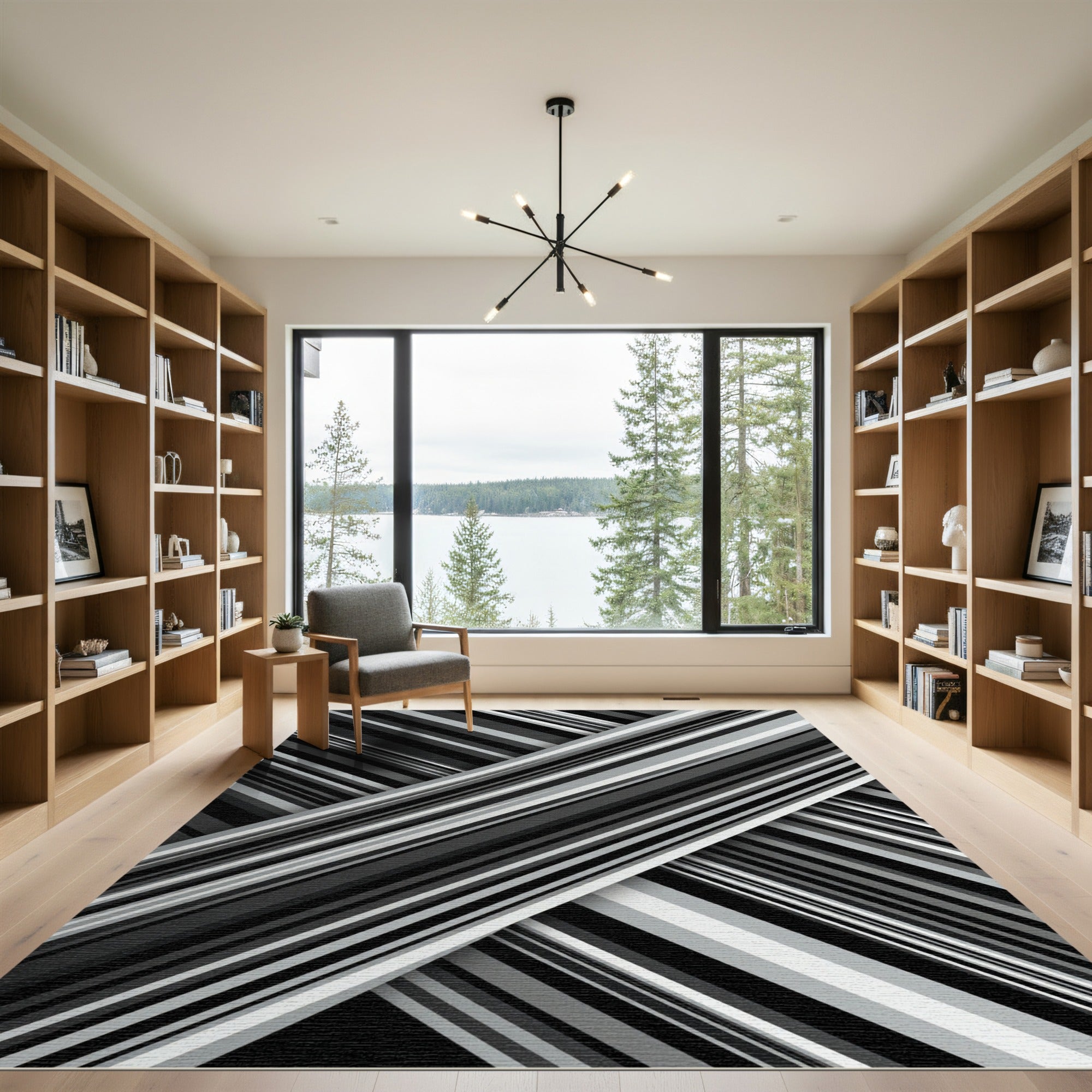 Monochrome Diagonal Striped Abstract Rug