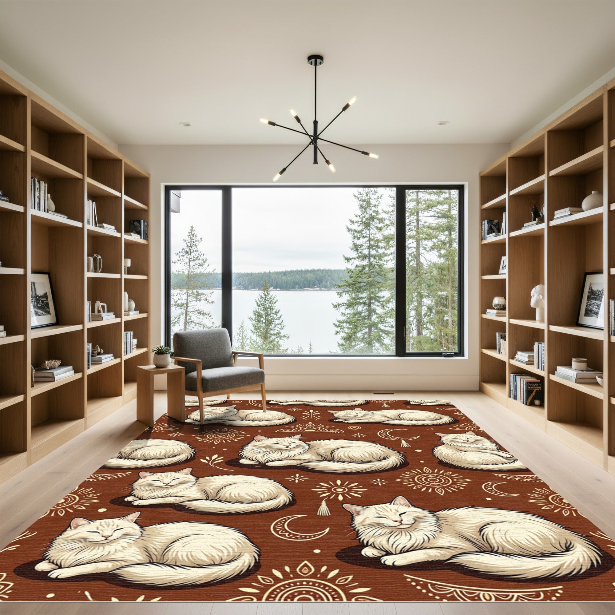 Cream Cat Moon Mandala Brown Rug