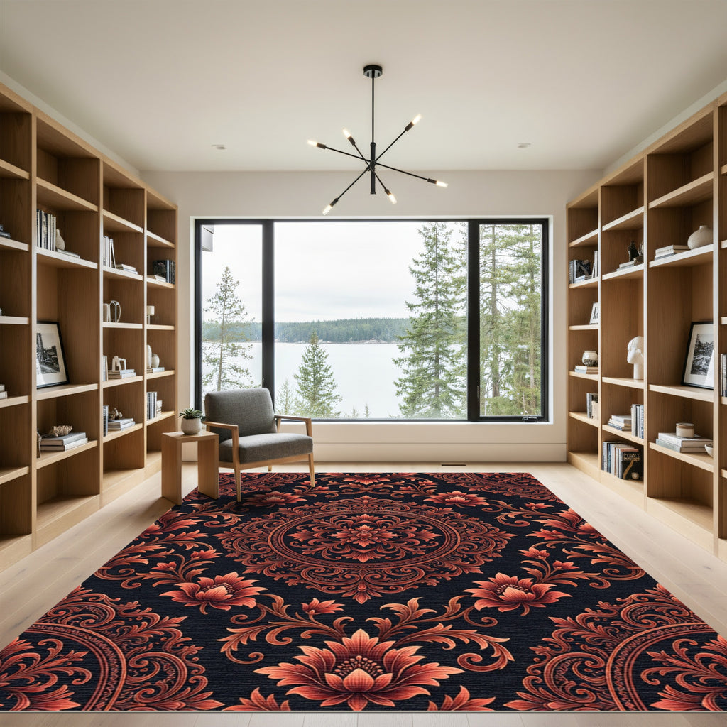 Ornate Crimson Floral Scroll Rug