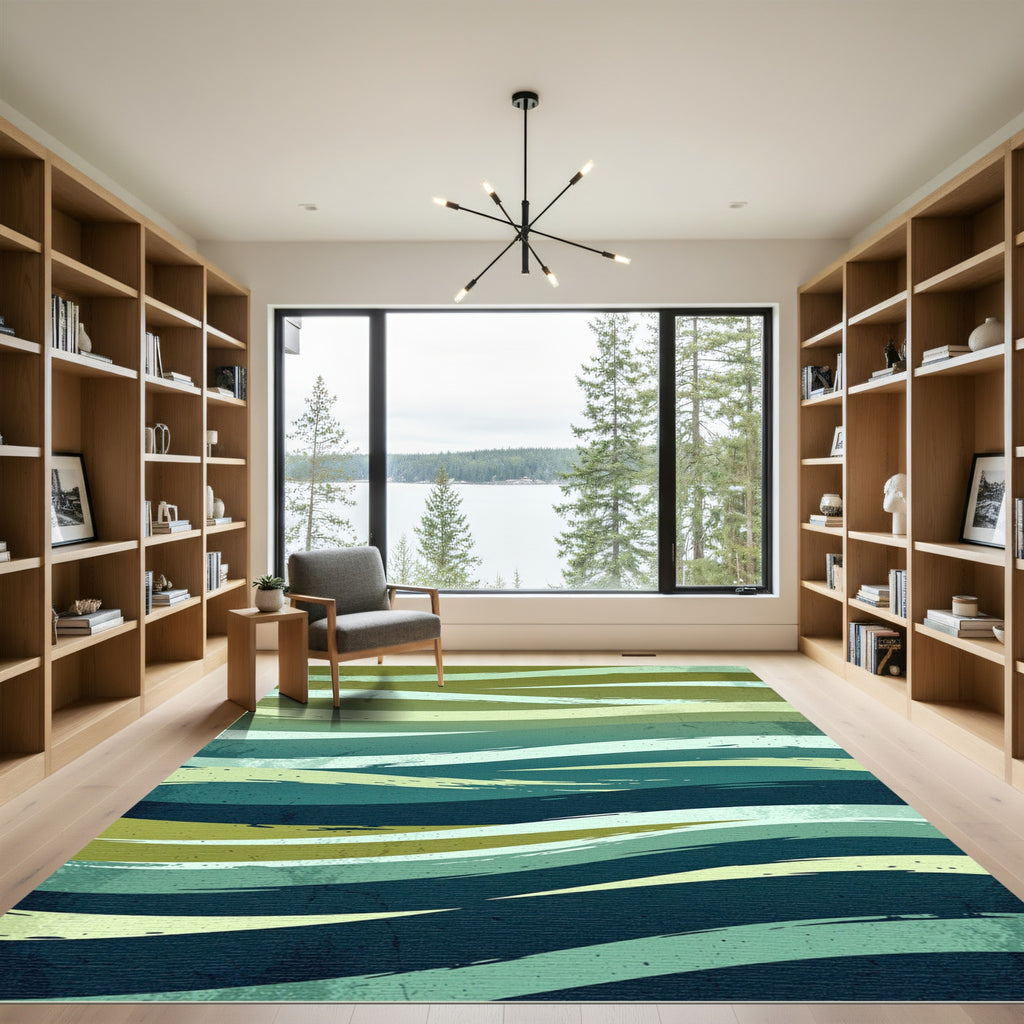Abstract Teal Olive Wave Layers Rug