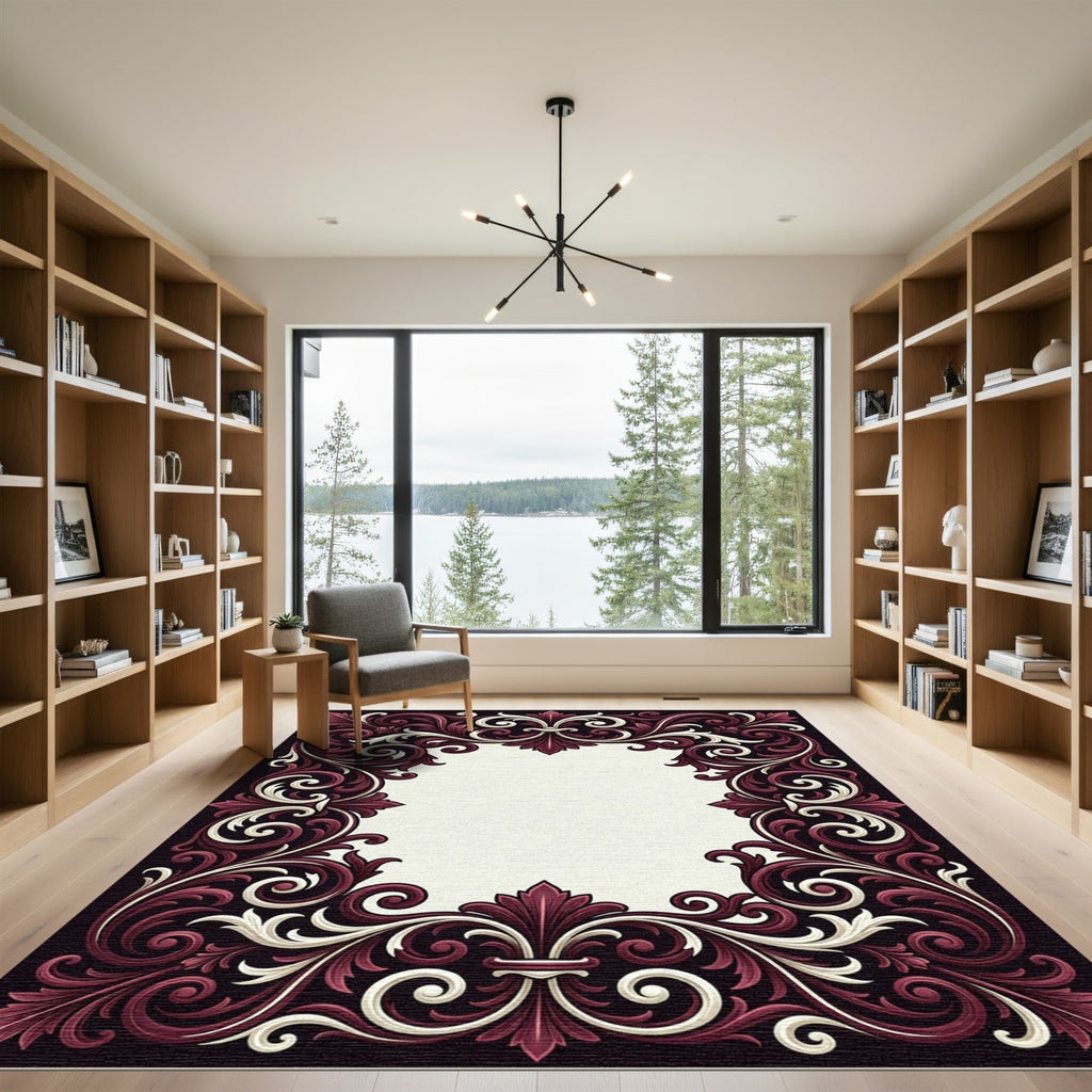 Ornate Burgundy Cream Baroque Scroll Rug