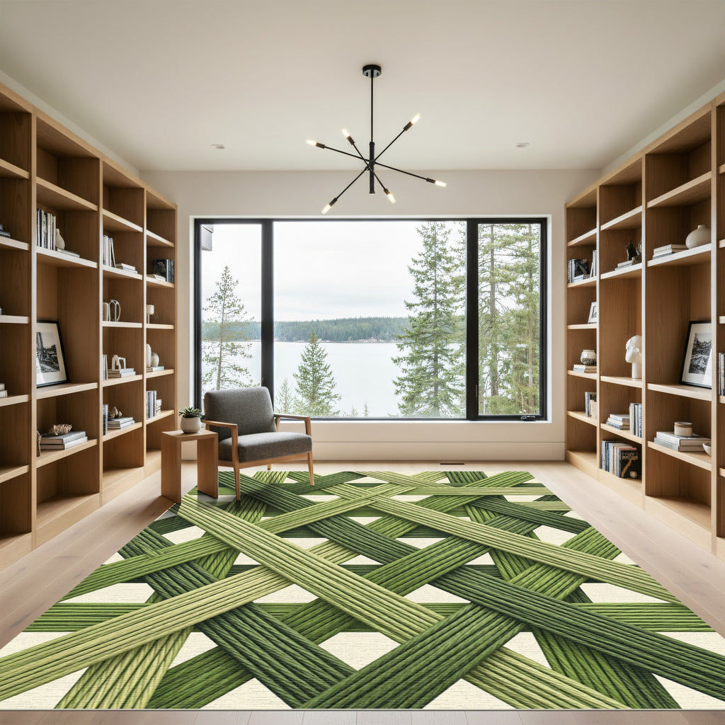 Olive Green Geometric Interwoven Lattice Rug