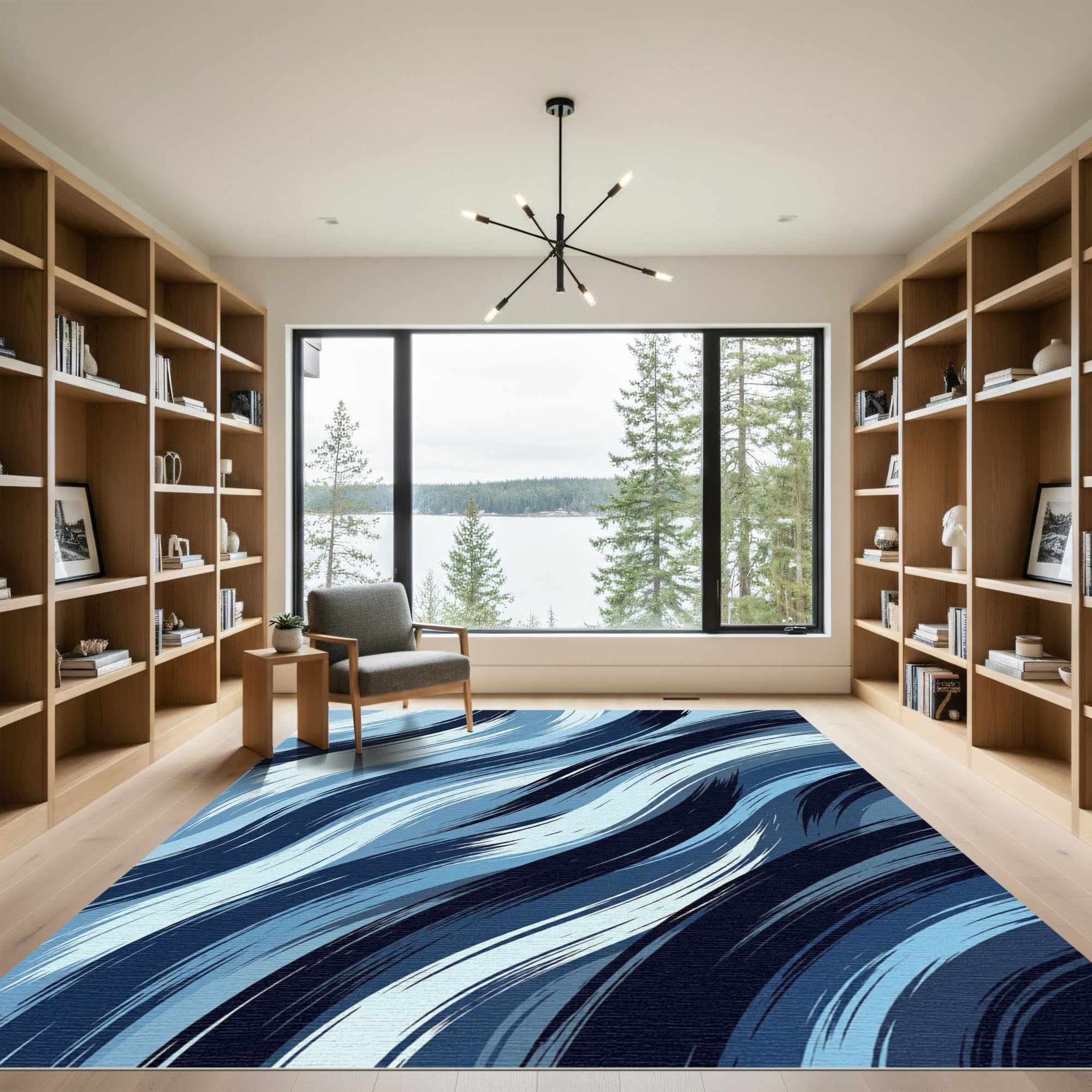 Deep Blue Brushstroke Ocean Waves Rug
