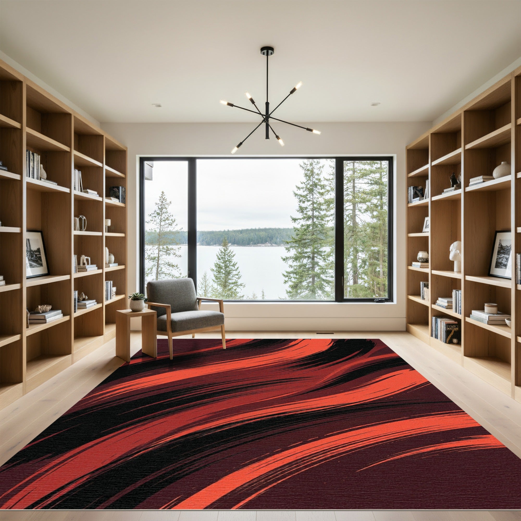 Bold Crimson and Black Abstract Swirl Rug
