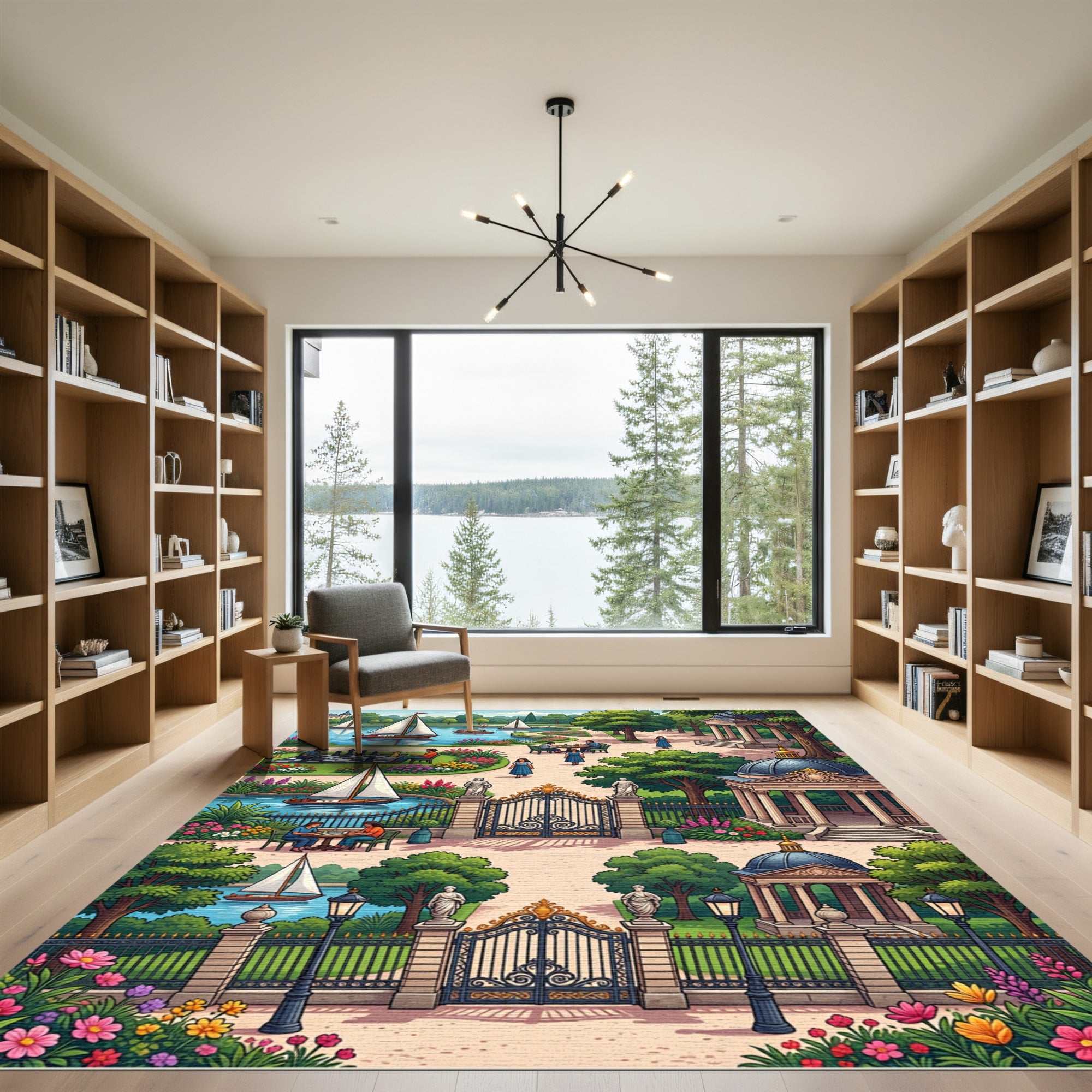 Regal Garden Scene with Sailboats Rug