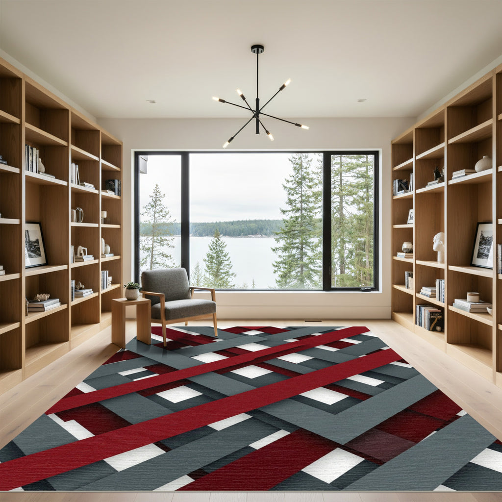 Crimson Gray Interlocking Stripes Rug