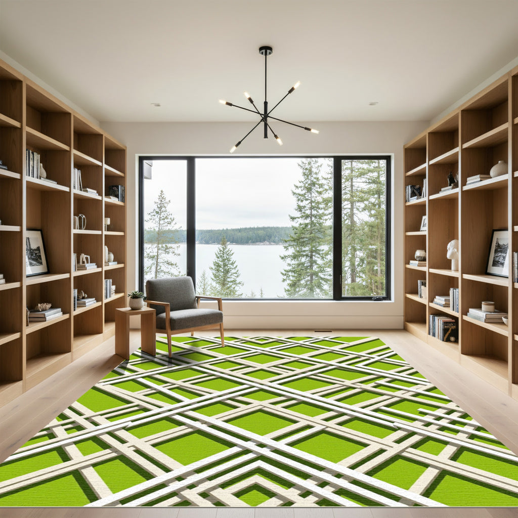 Lime Green Intersecting Geometric Grid Rug