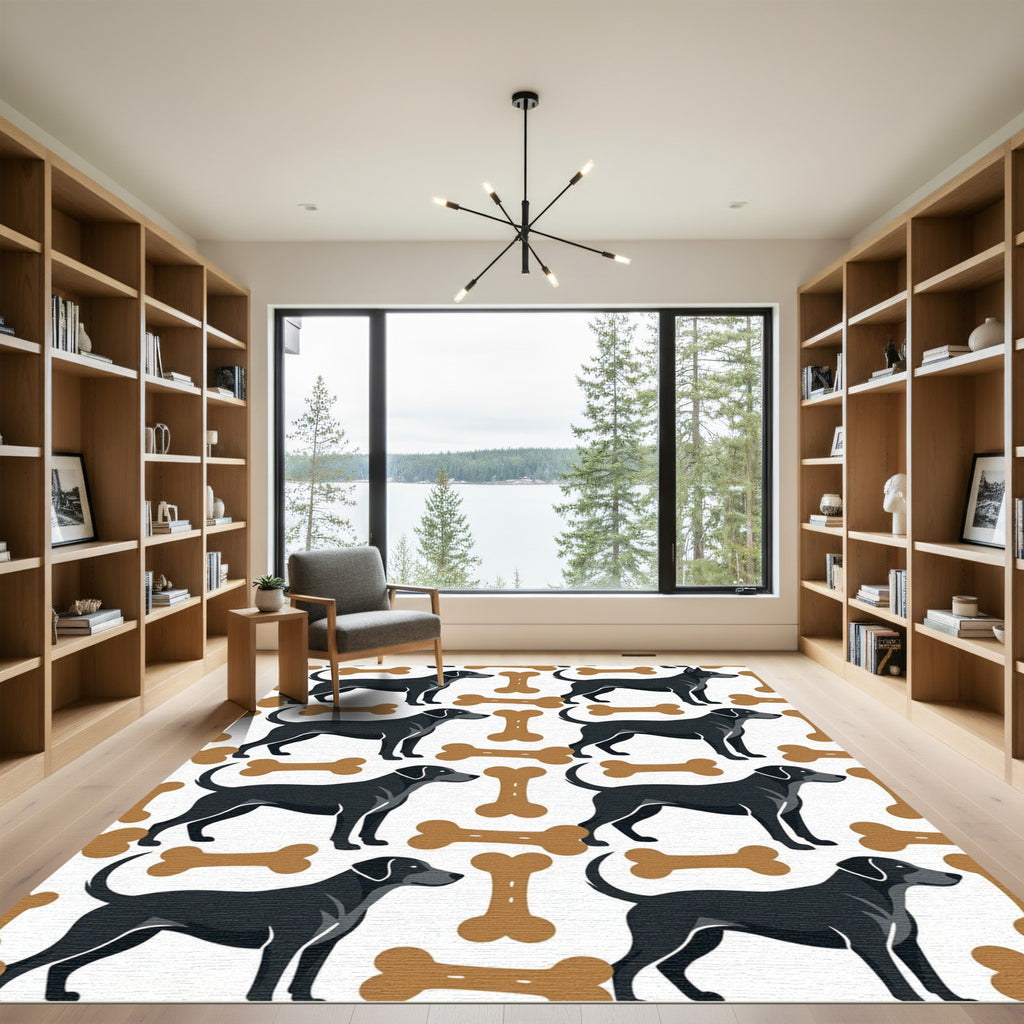 Playful Black Dog and Bone Icon Rug