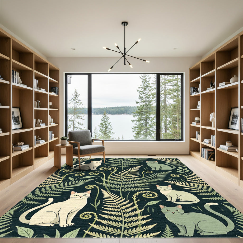 Whimsical Fern and Cat Pattern Rug