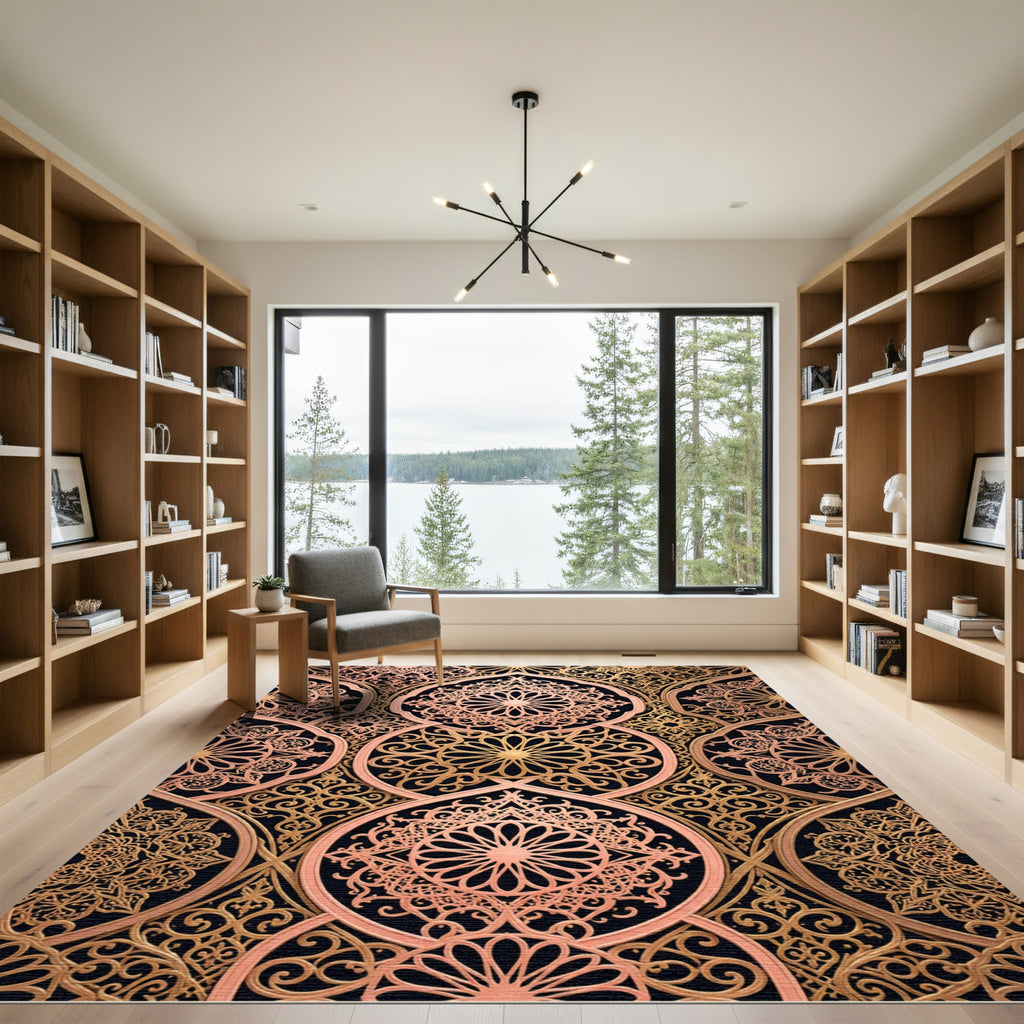 Elegant Rose Gold Ornate Mandala Art Rug