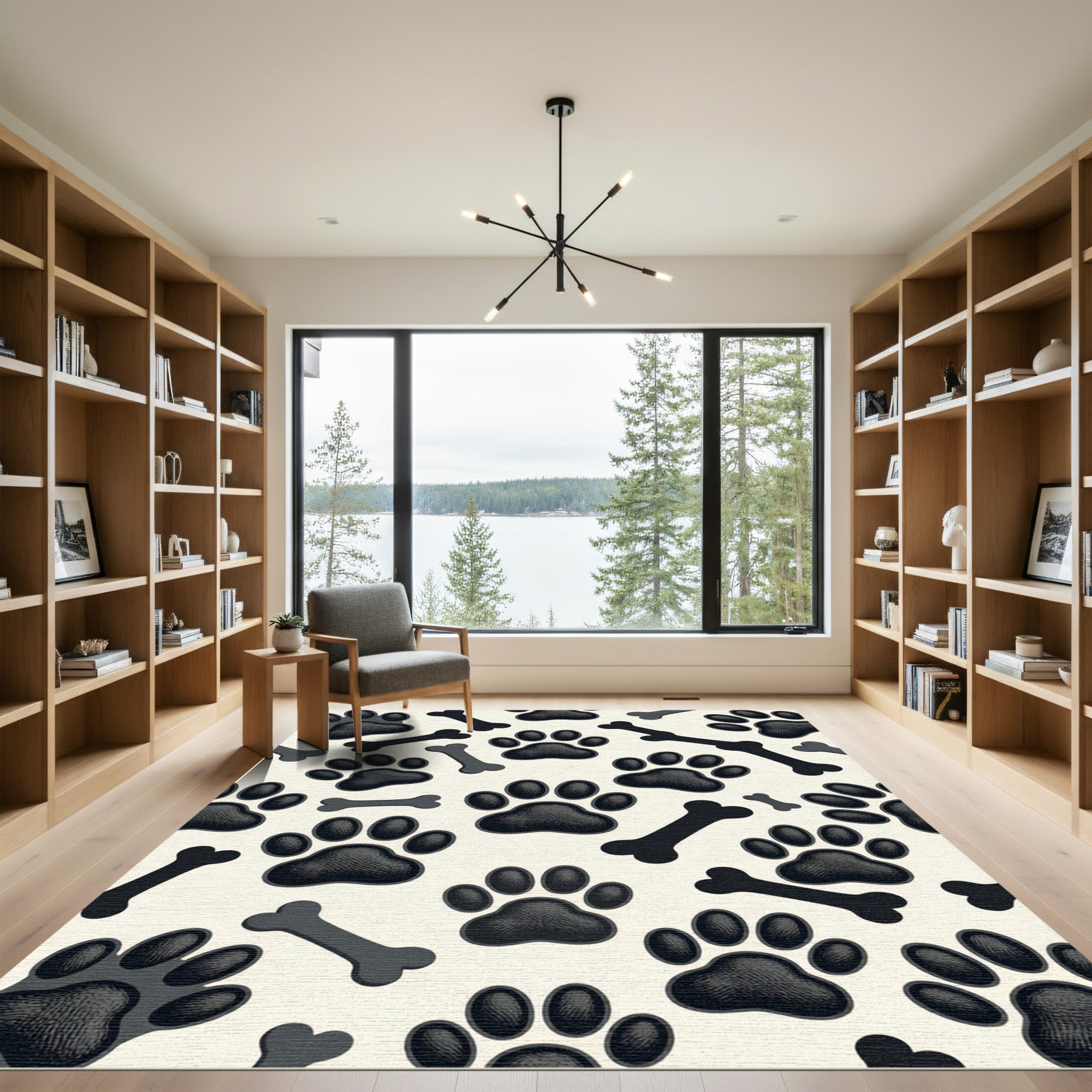 Charcoal Paw Print and Bone Illustration Rug