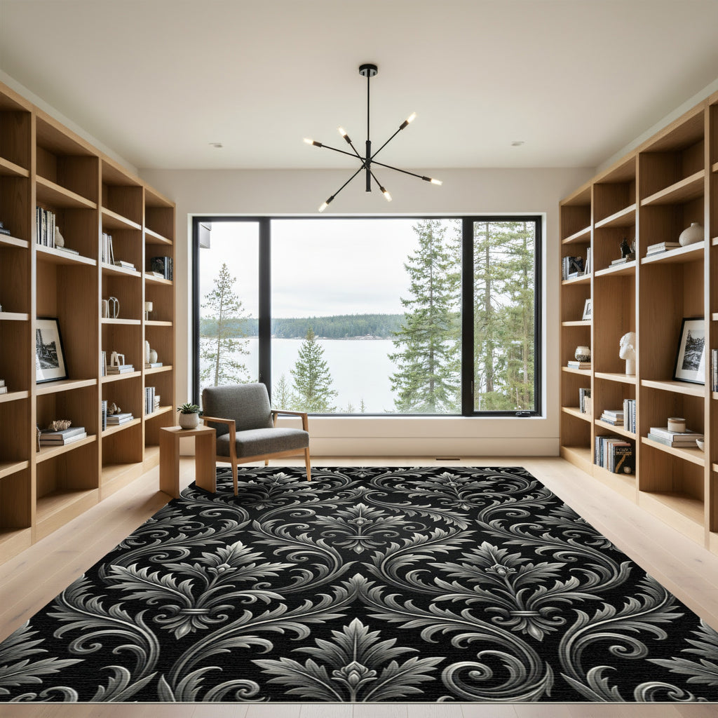 Ornate Silver Leaf Black Scroll Rug