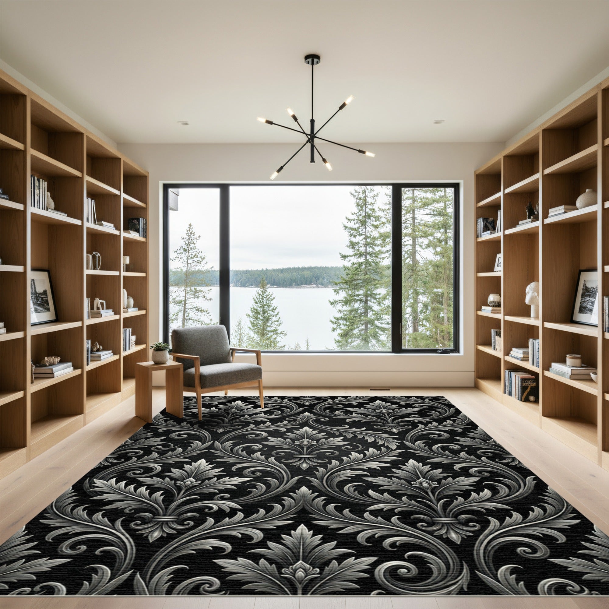 Ornate Silver Leaf Black Scroll Rug