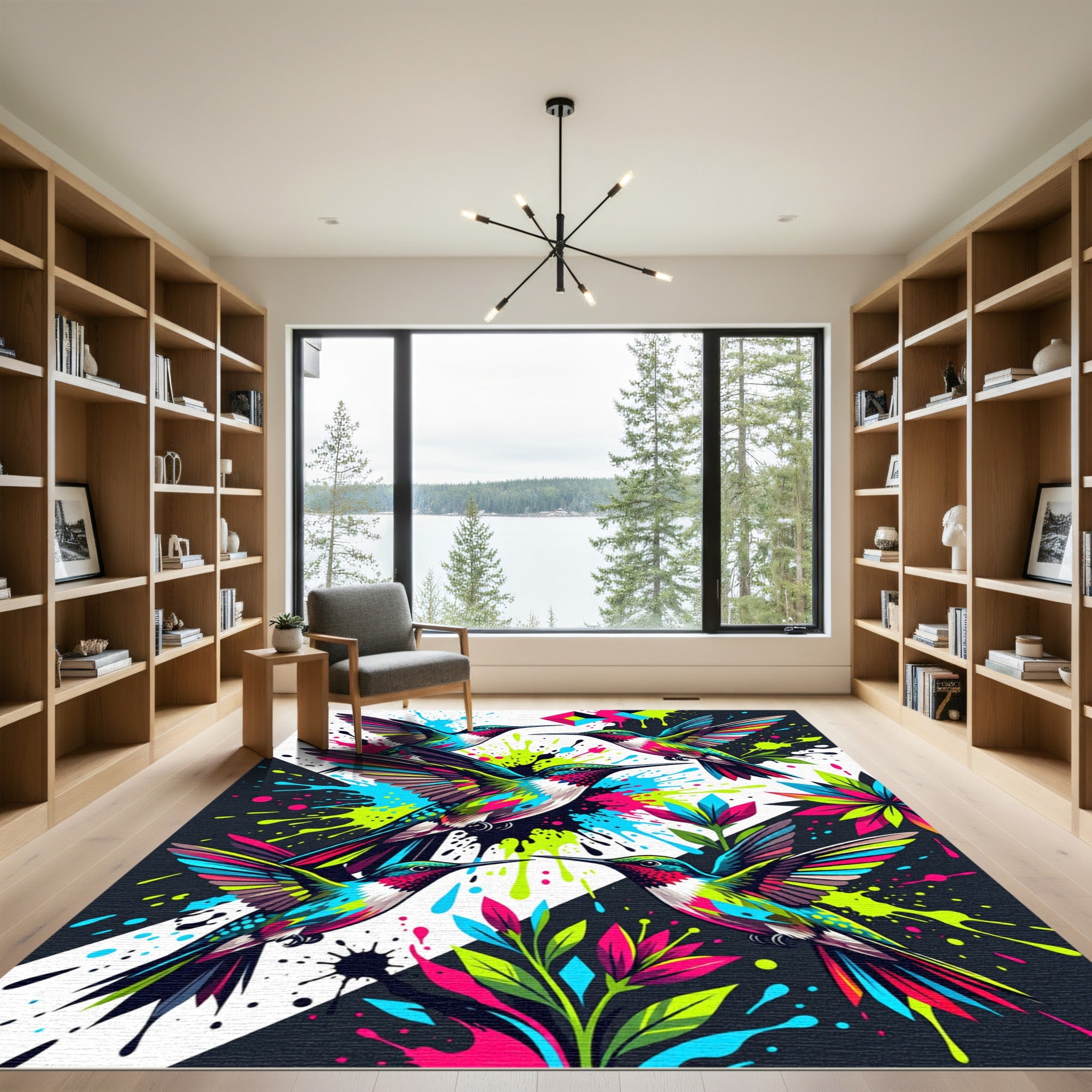 Vibrant Neon Hummingbird Abstract Splatter Rug
