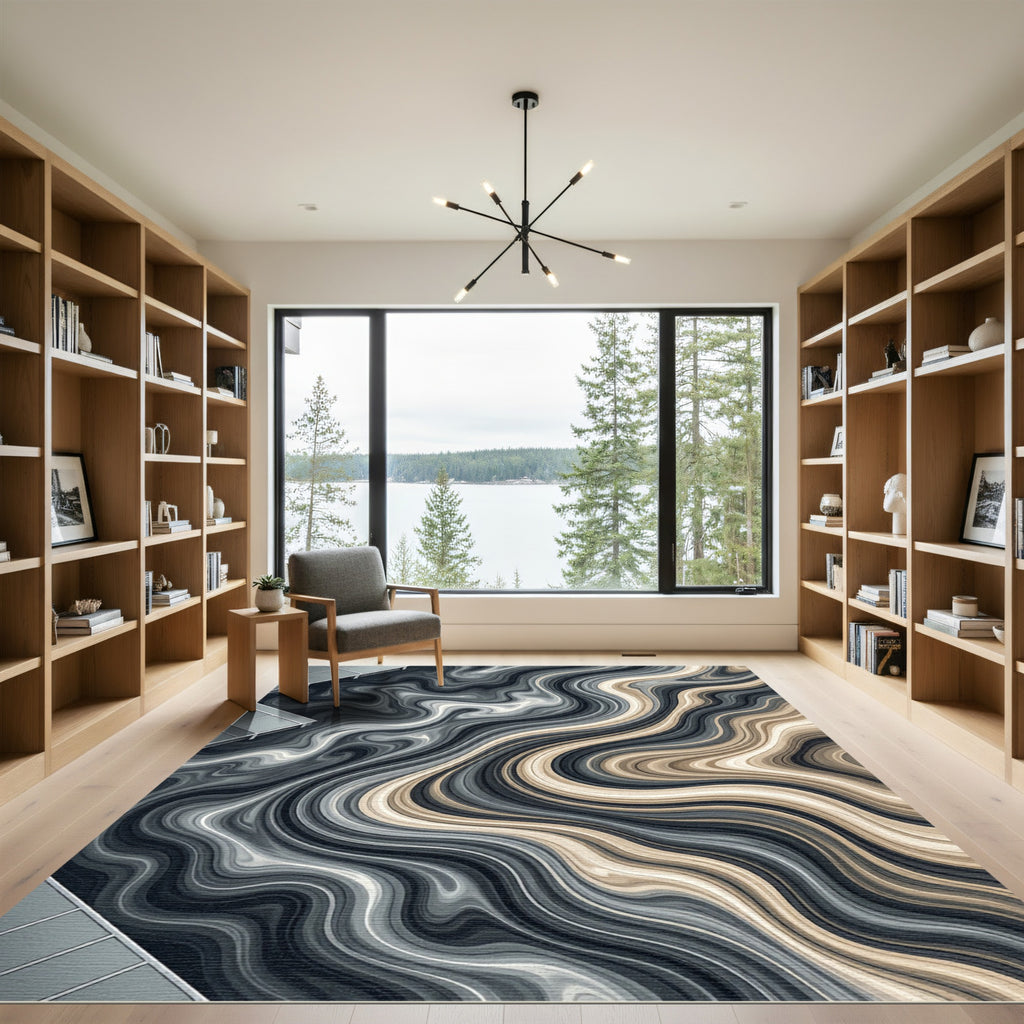 Modern Flowing Marbled Gray and Beige Rug