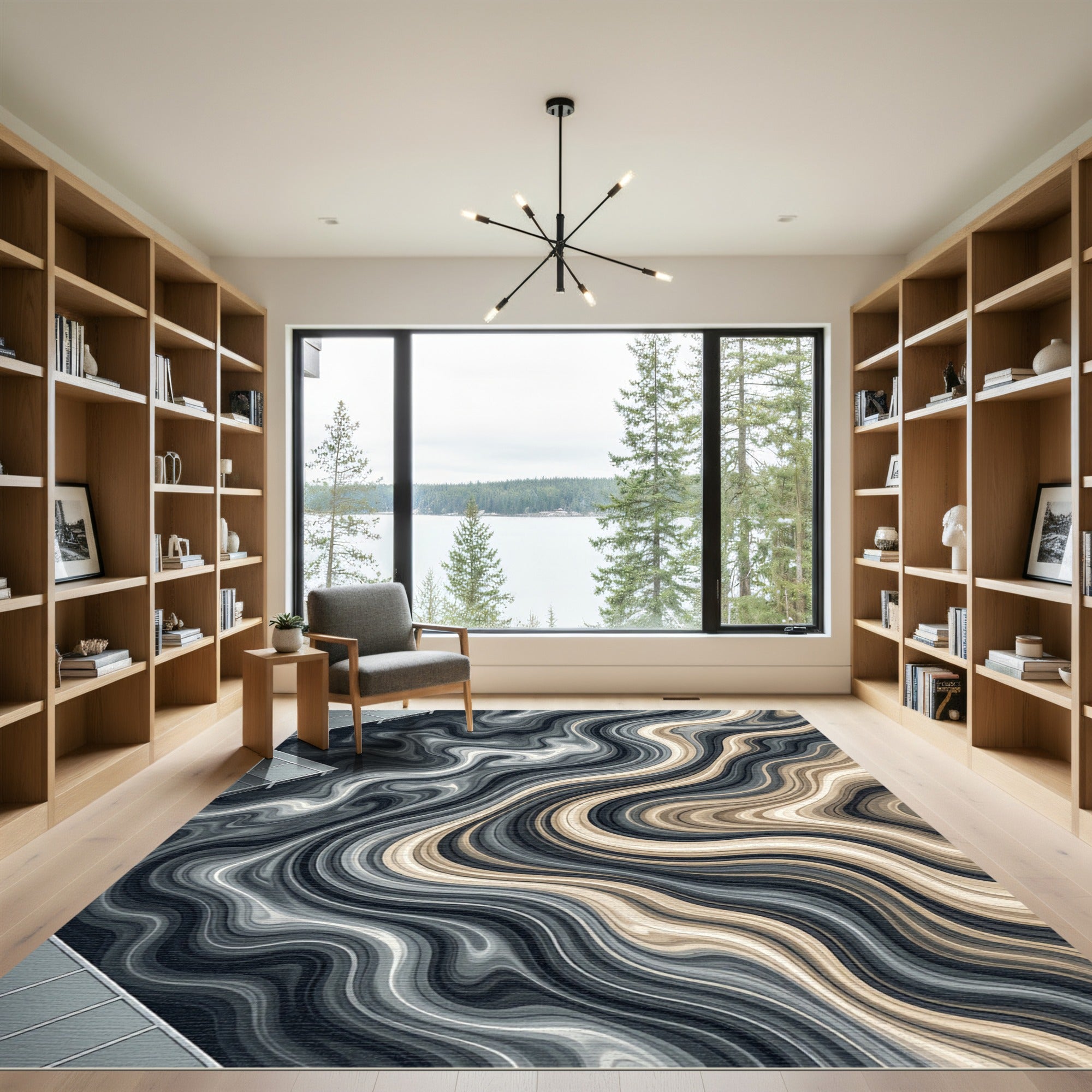 Modern Flowing Marbled Gray and Beige Rug