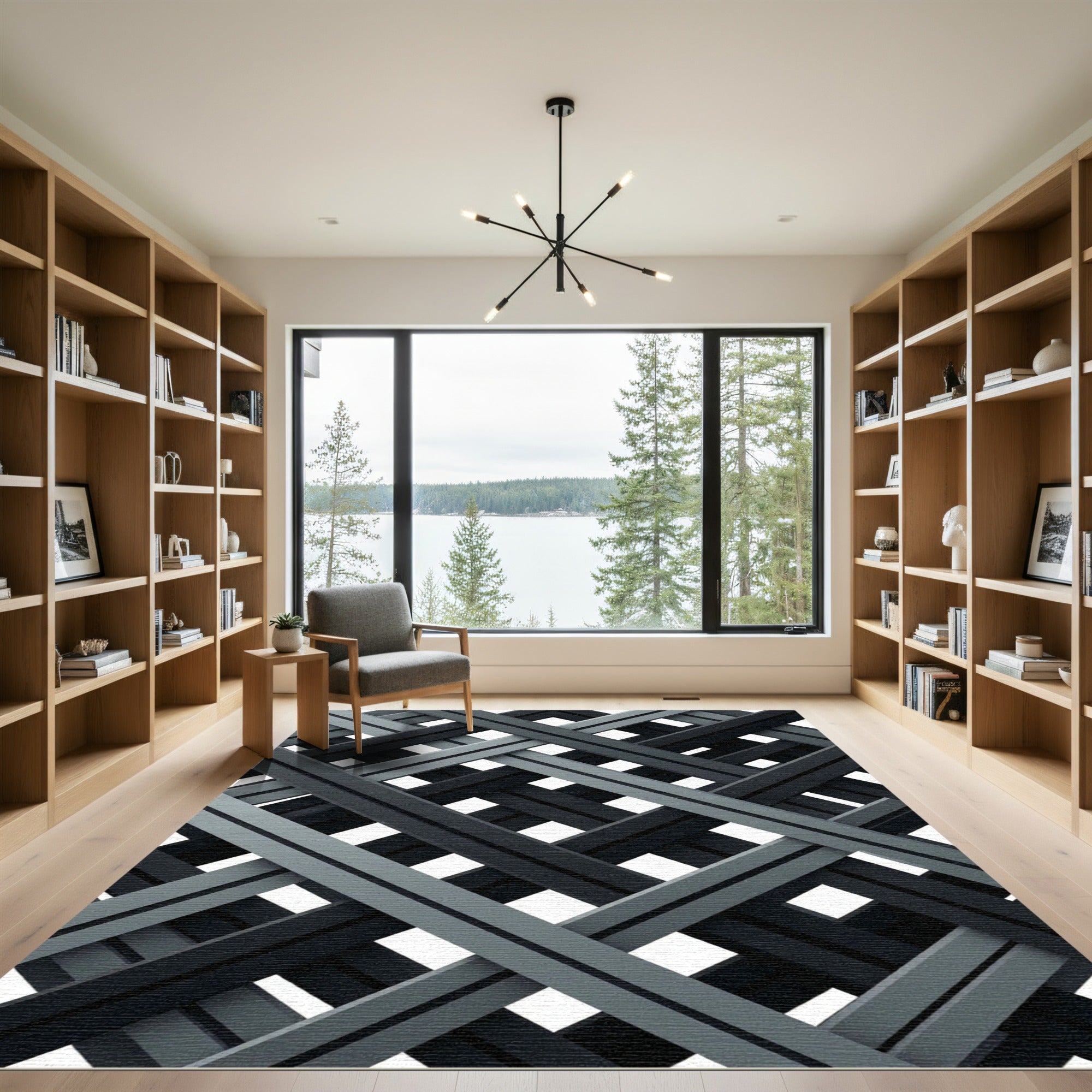 Modern Monochrome Intersecting Grid Rug