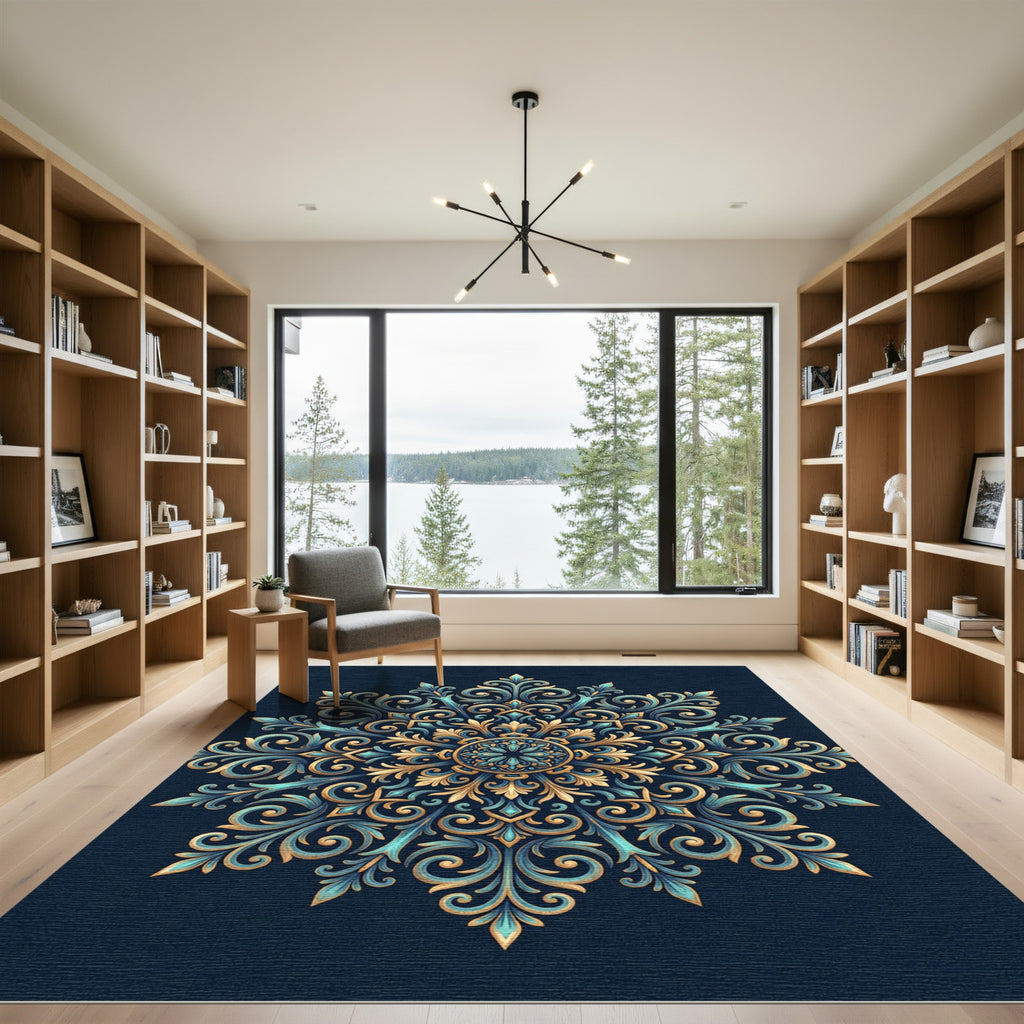 Ornate Golden Teal Filigree Medallion Rug
