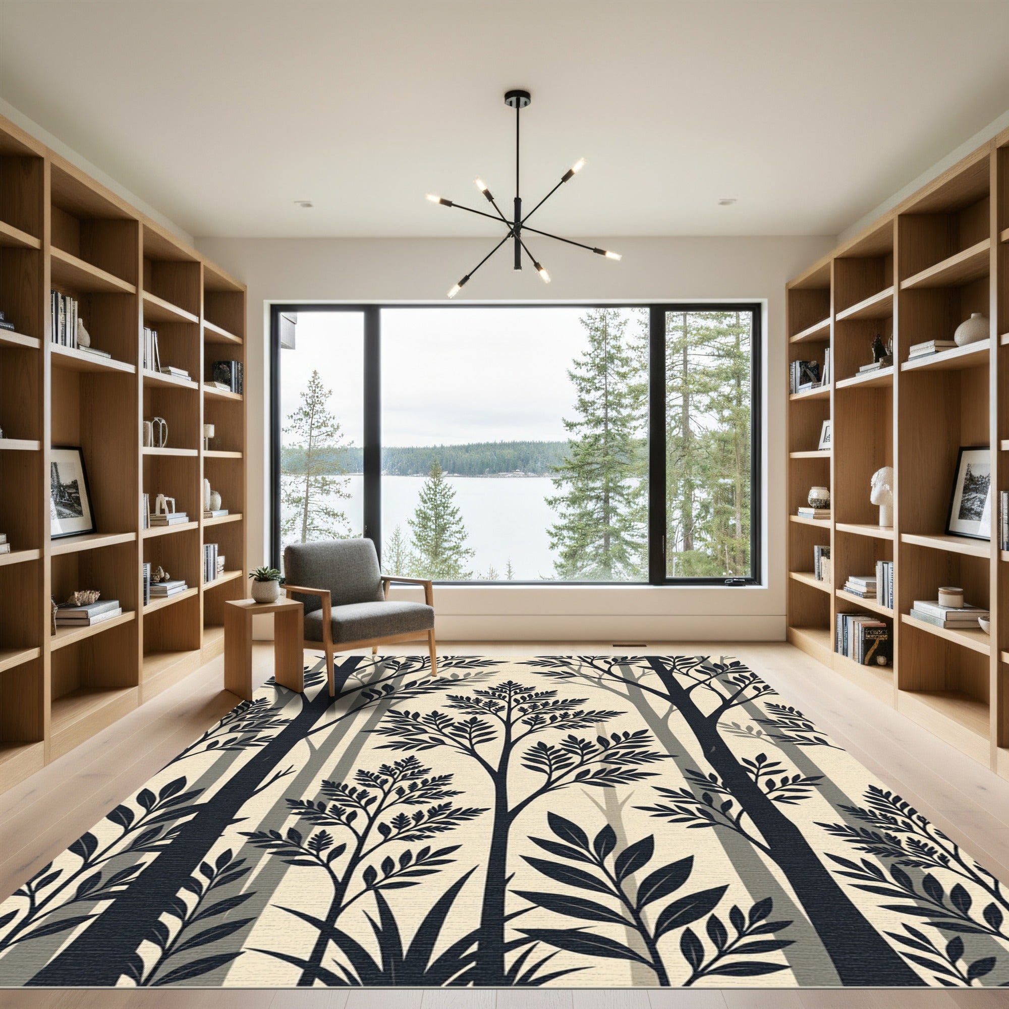 Earthy Charcoal Black Fern Botanical Forest Rug