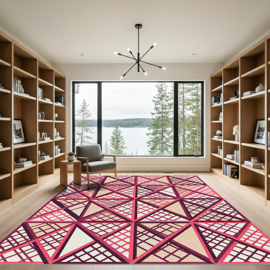 Geometric Coral and Taupe Grid Rug