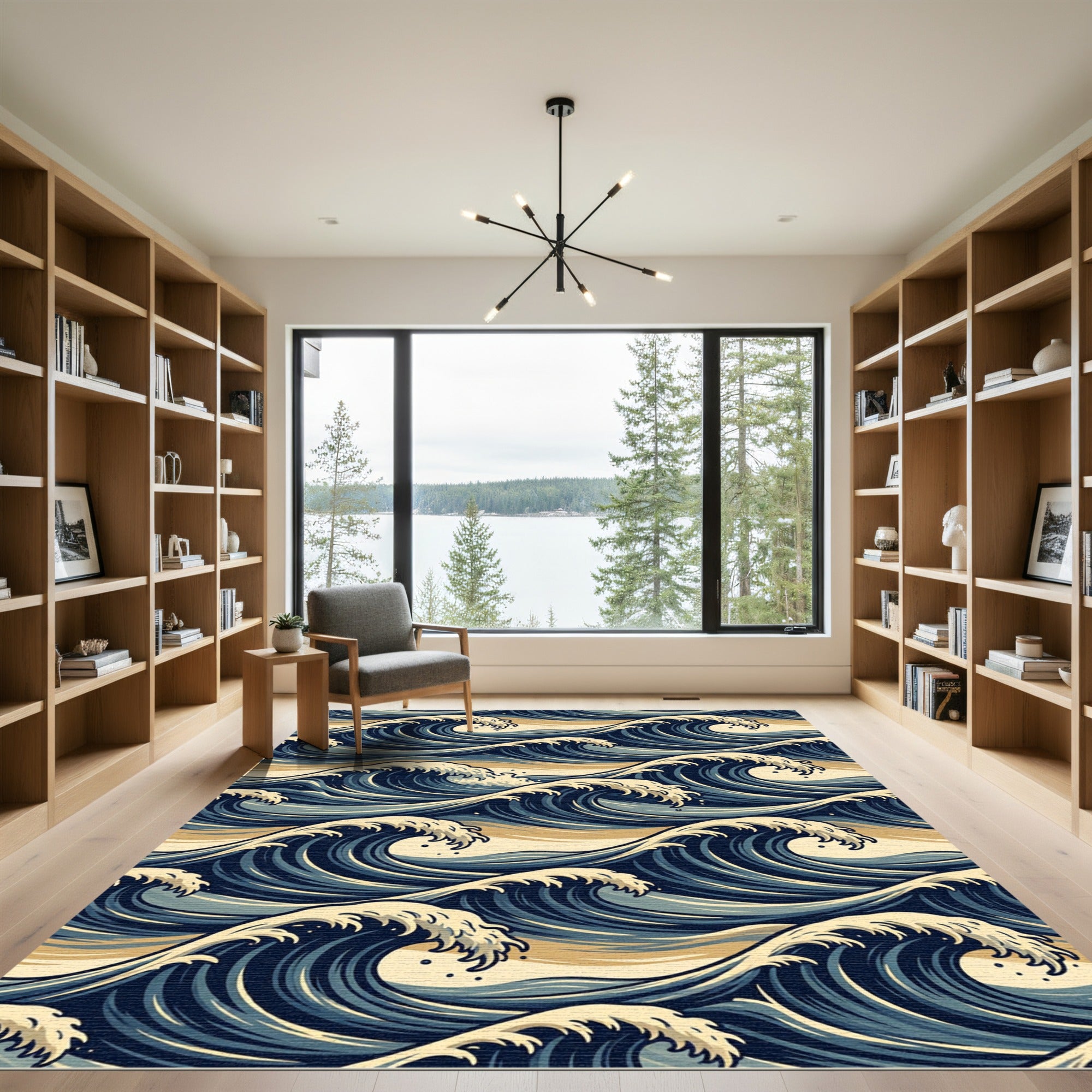 Deep Blue Overlapping Wave Composition Rug