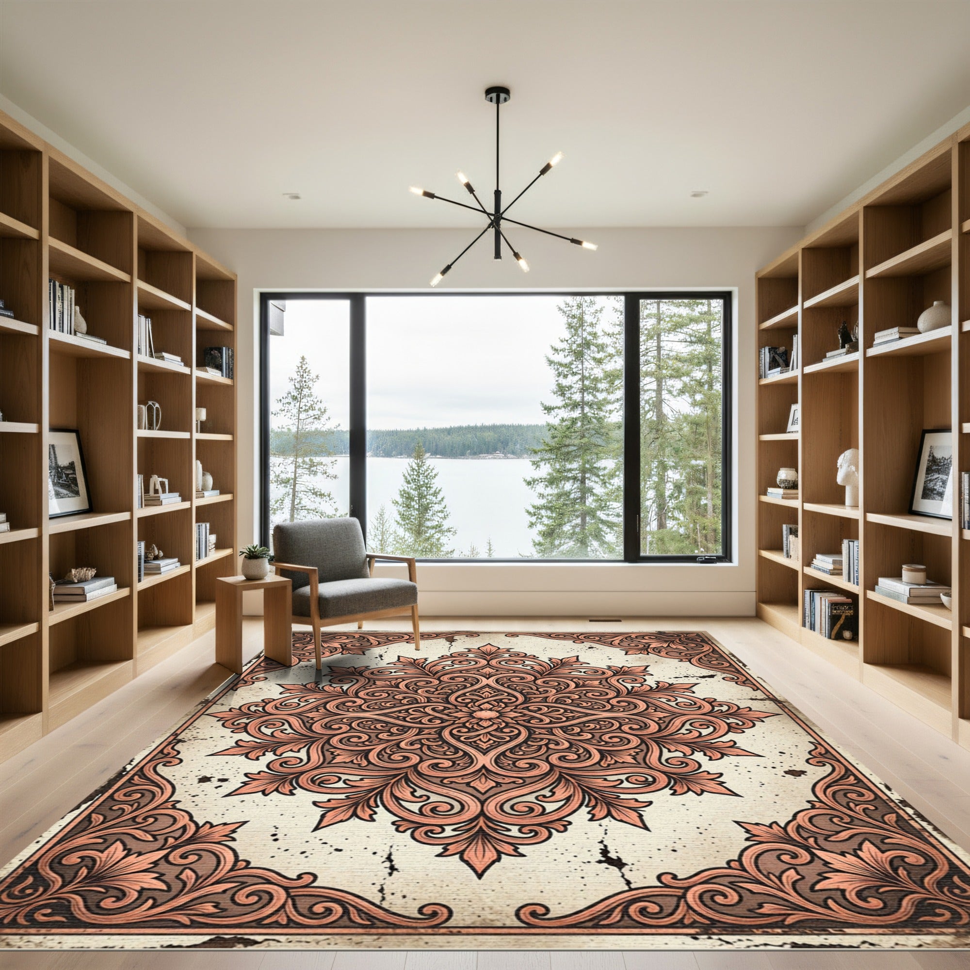 Elegant Terracotta Floral Damask Medallion Rug