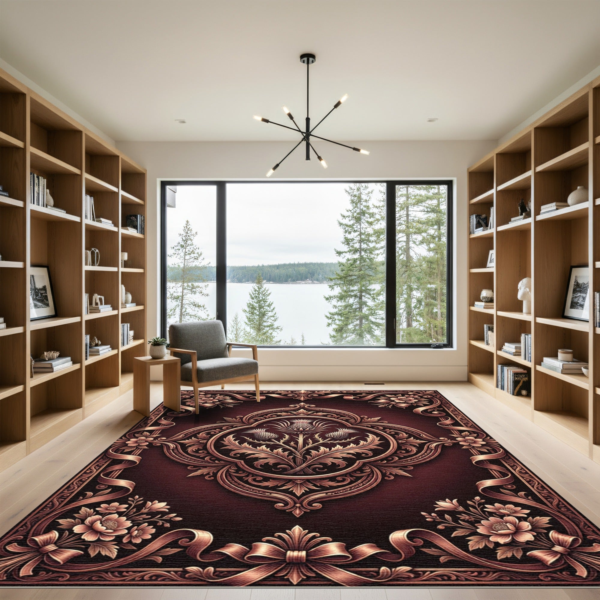 Ornate Crimson Floral Thistle Frame Rug