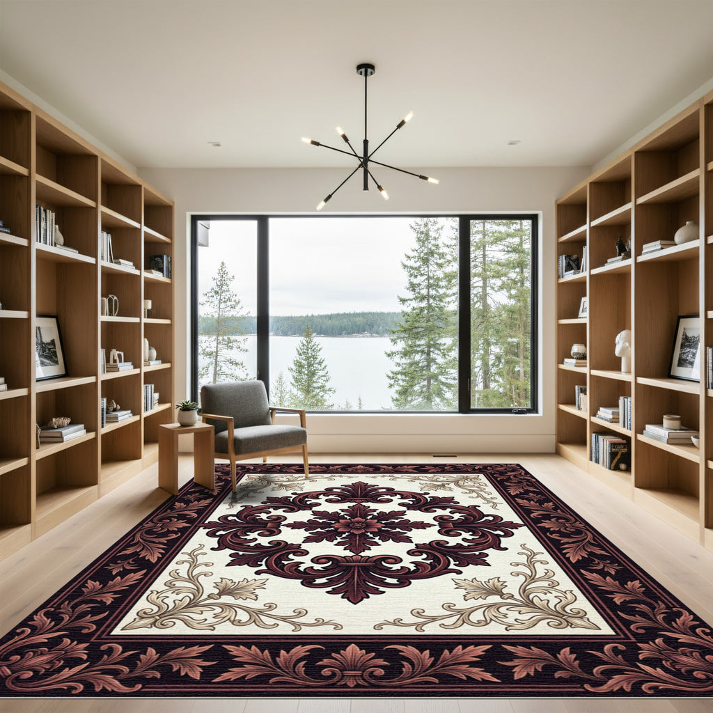 Ornate Burgundy Floral Damask Scroll Rug
