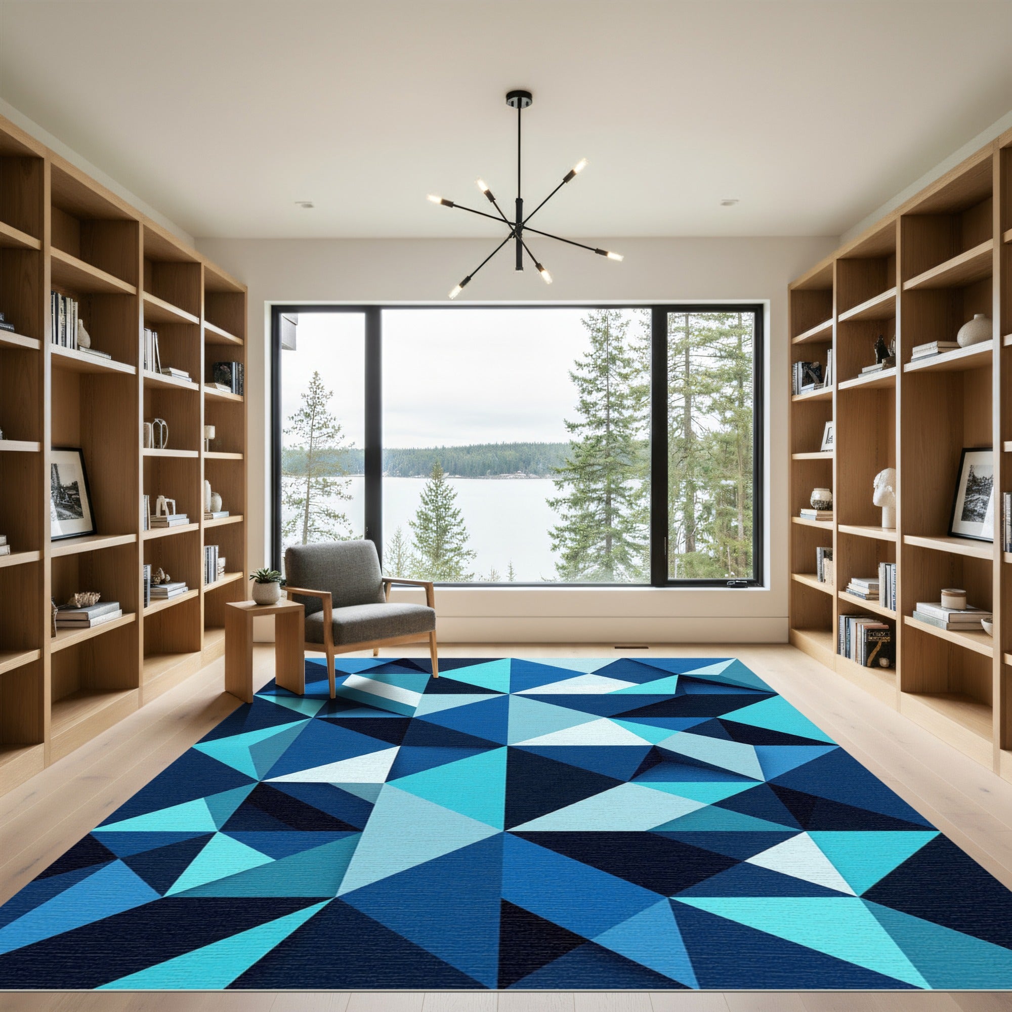 Modern Blue Geometric Angular Prism Rug