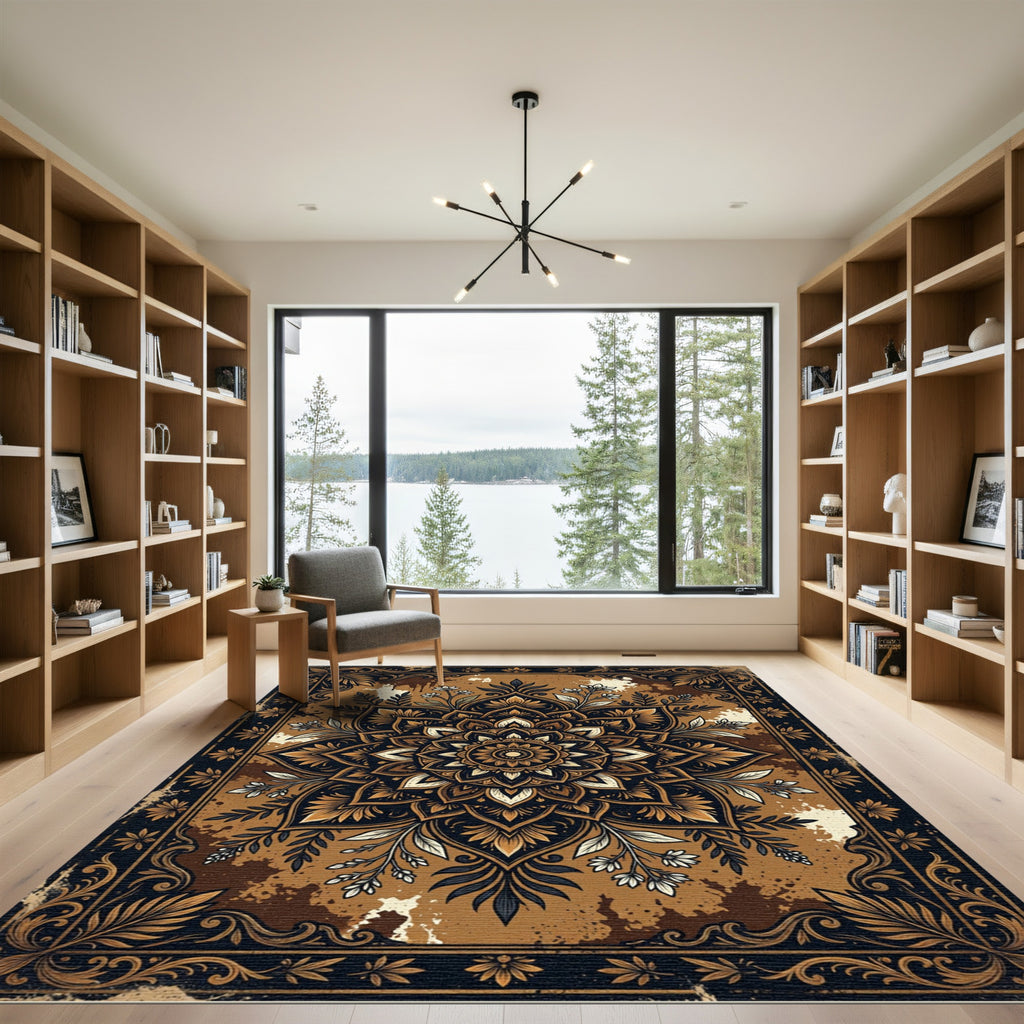 Elegant Earthy Tone Black Floral Medallion Rug