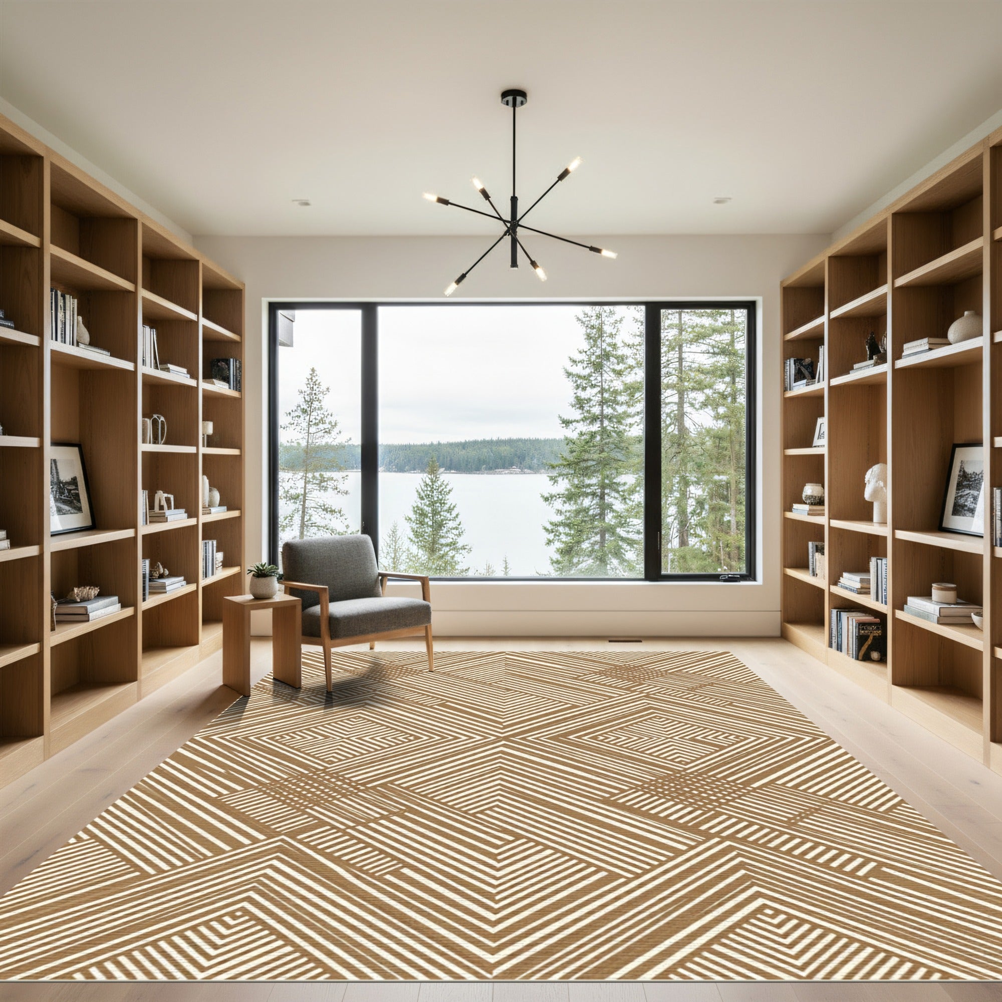 Neutral Brown Linear Geometric Chevron Rug