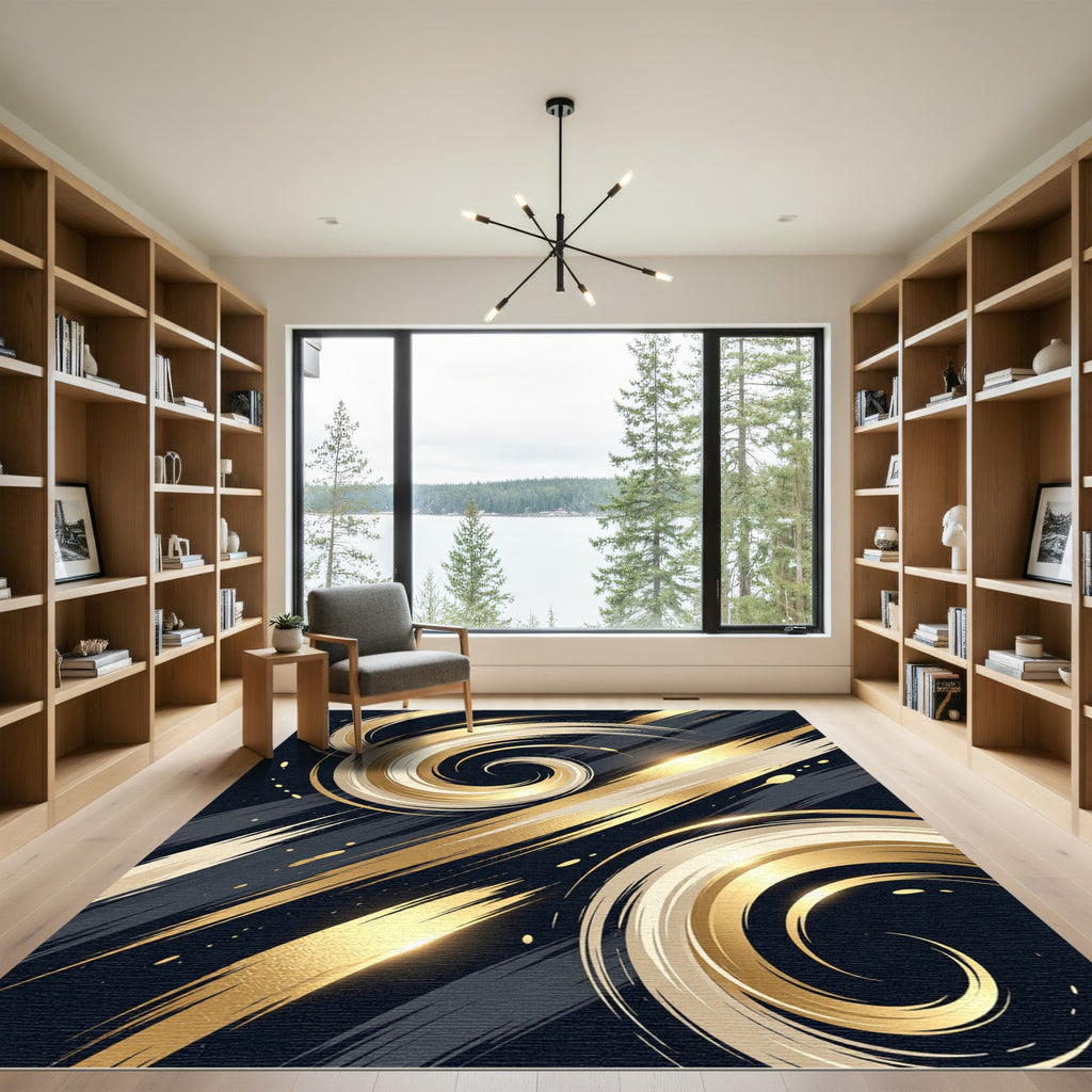 Golden Abstract Swirl Wave Liquid Art Rug