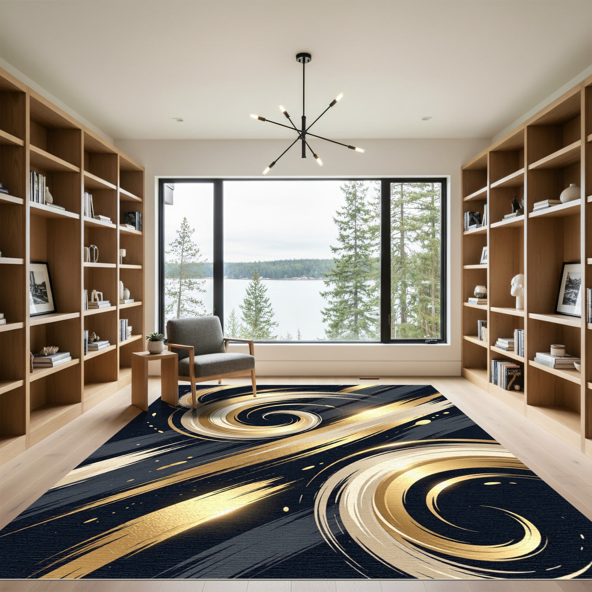 Golden Abstract Swirl Wave Liquid Art Rug