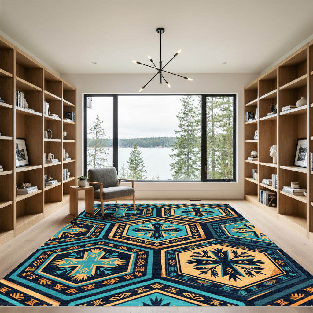 Teal and Gold Geometric Hexagon Medallion Rug