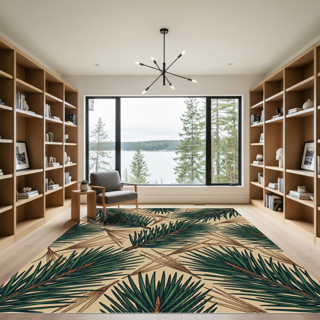 Rustic Evergreen Pine Needle Botanical Rug