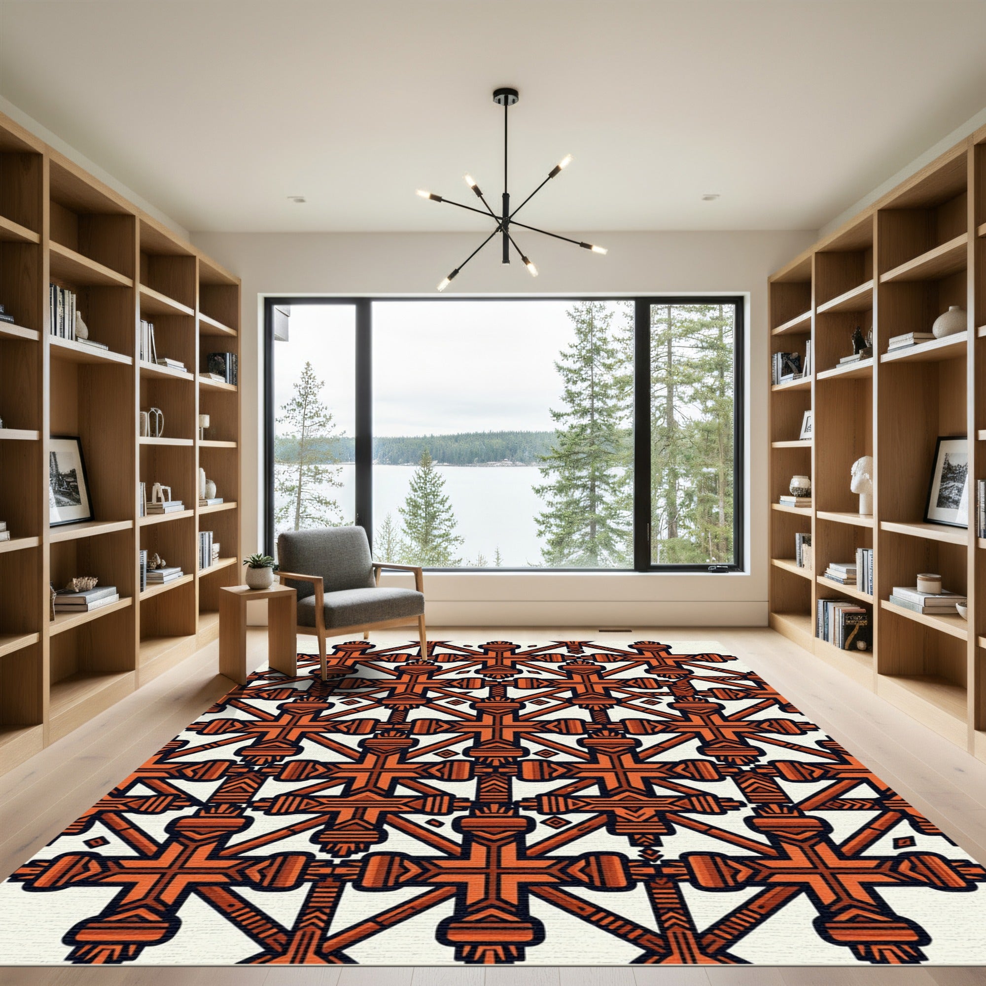 Burnt Orange Geometric Cross Grid Rug