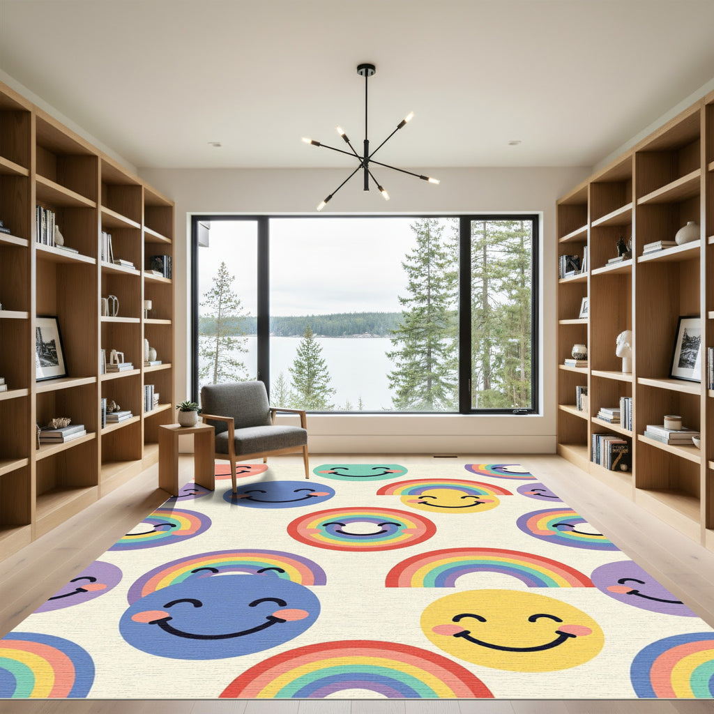 Cheerful Pastel Rainbow Smiley Face Art Rug