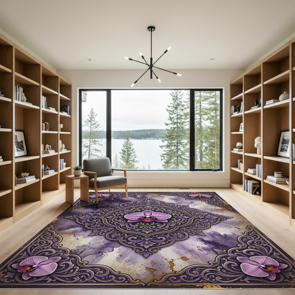 Orchid Medallion Purple Floral Border Rug