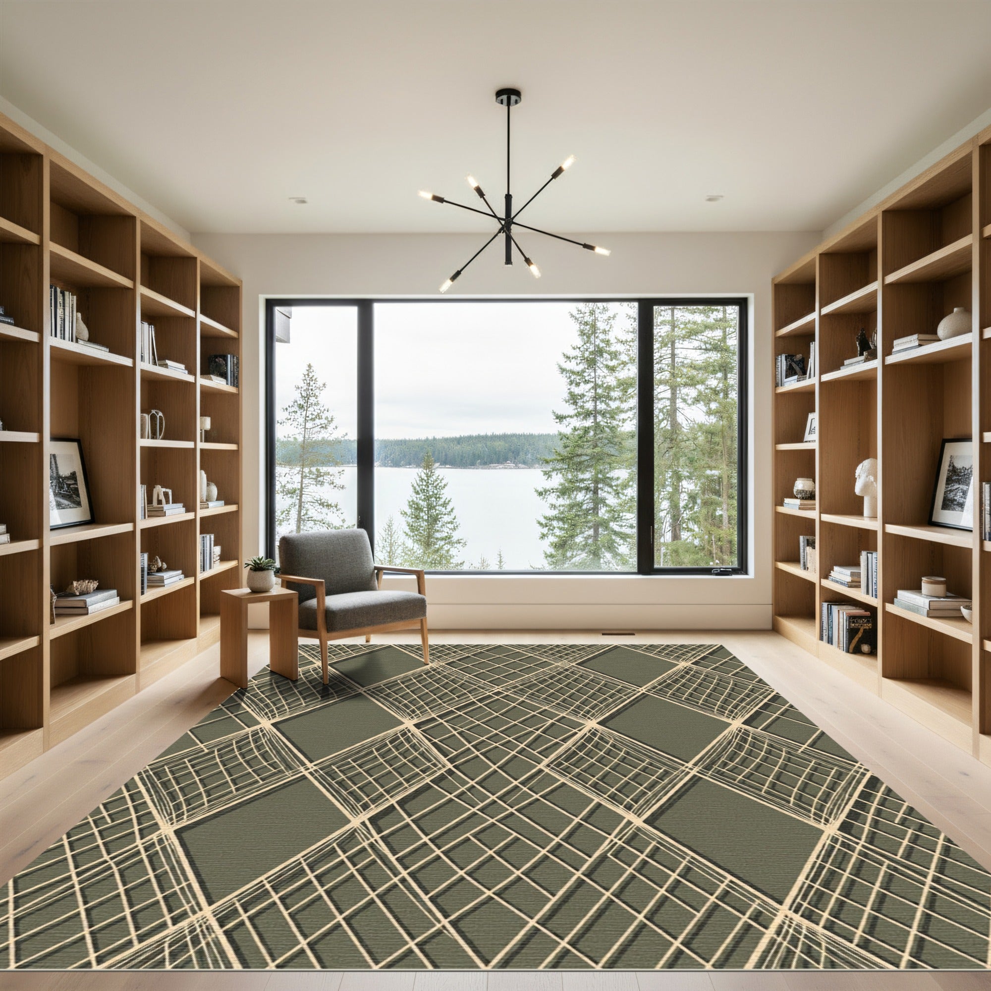 Olive Green Intersecting Geometric Diamond Grid Rug