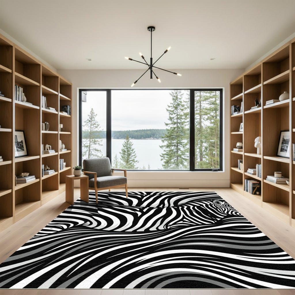 Monochrome Zebra Stripe Abstract Wave Art Rug
