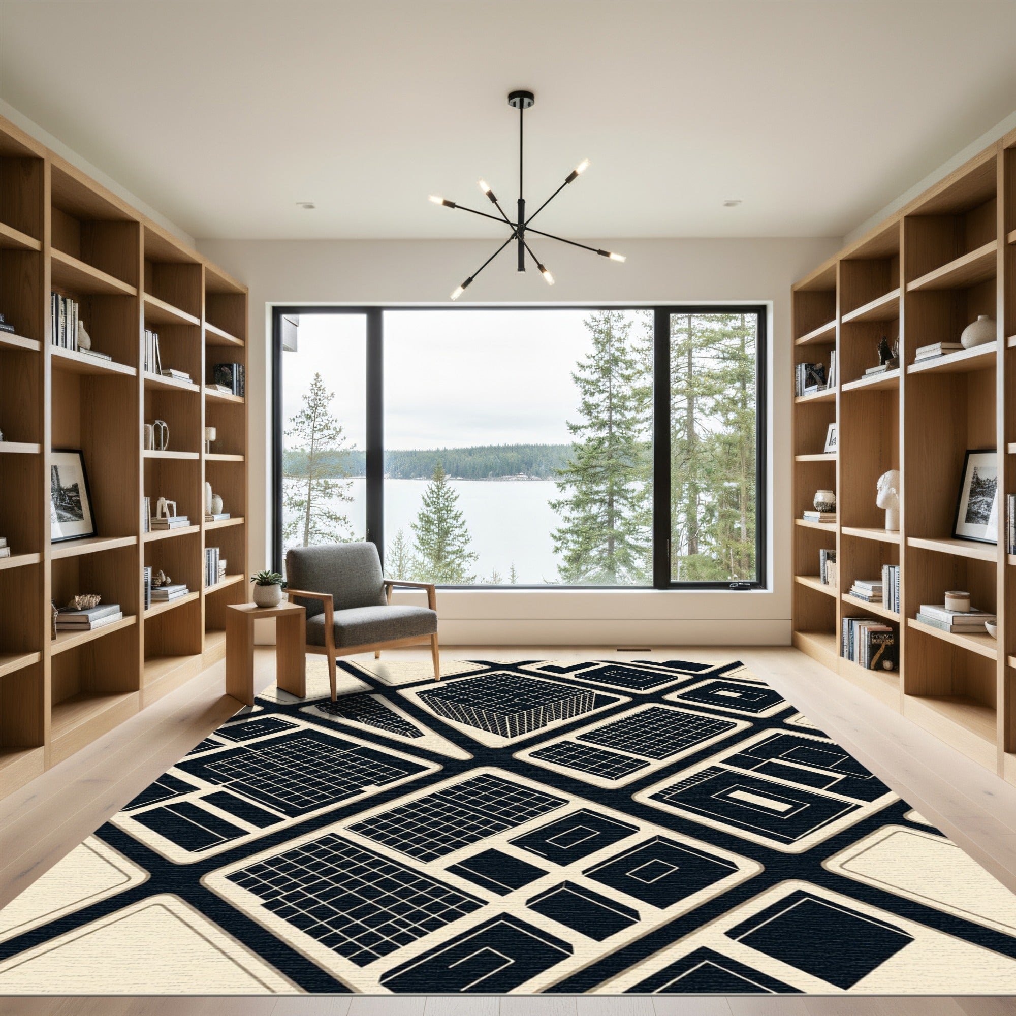 Modern Black and Cream Architectural Grid Rug