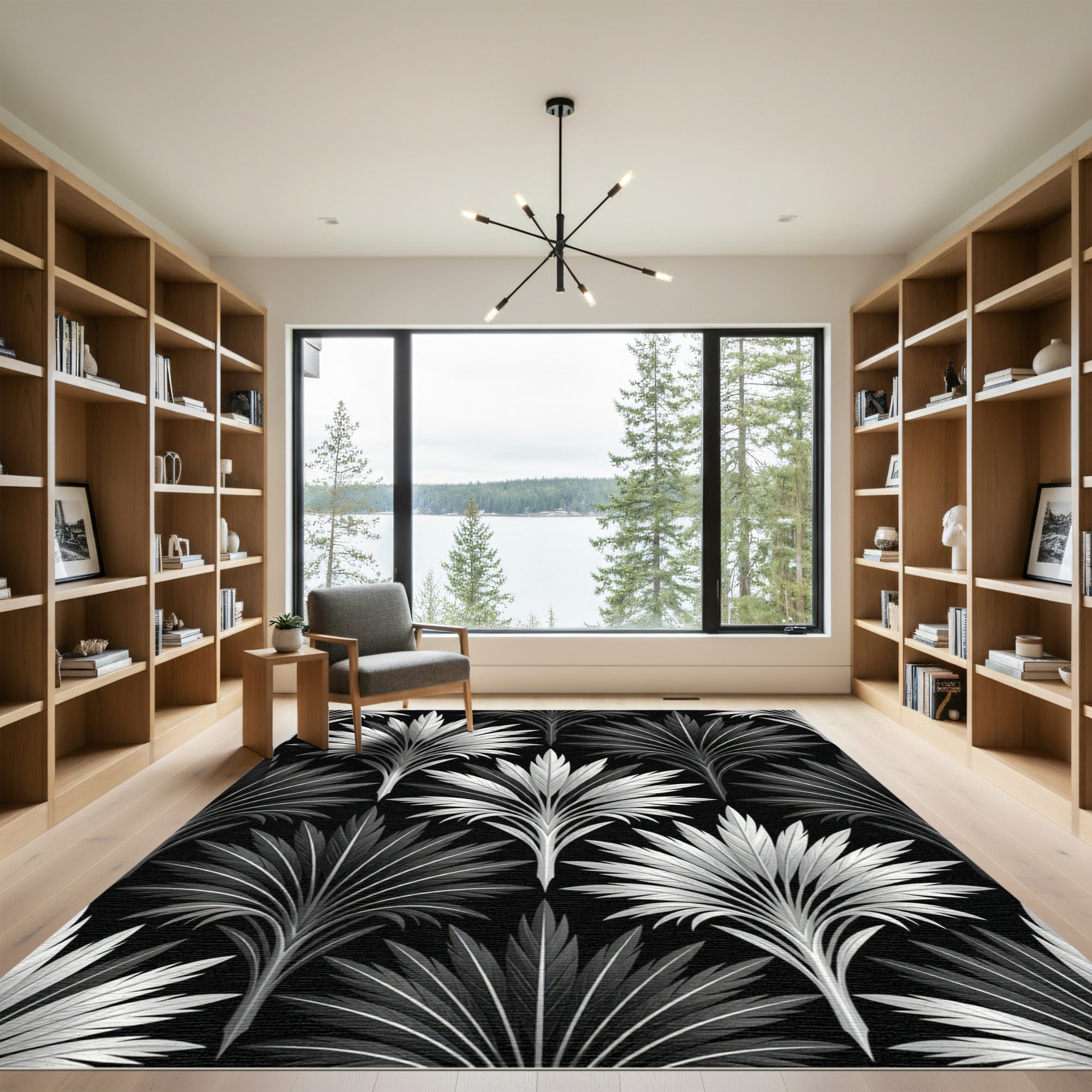 Monochrome Art Deco Fan Leaf Rug