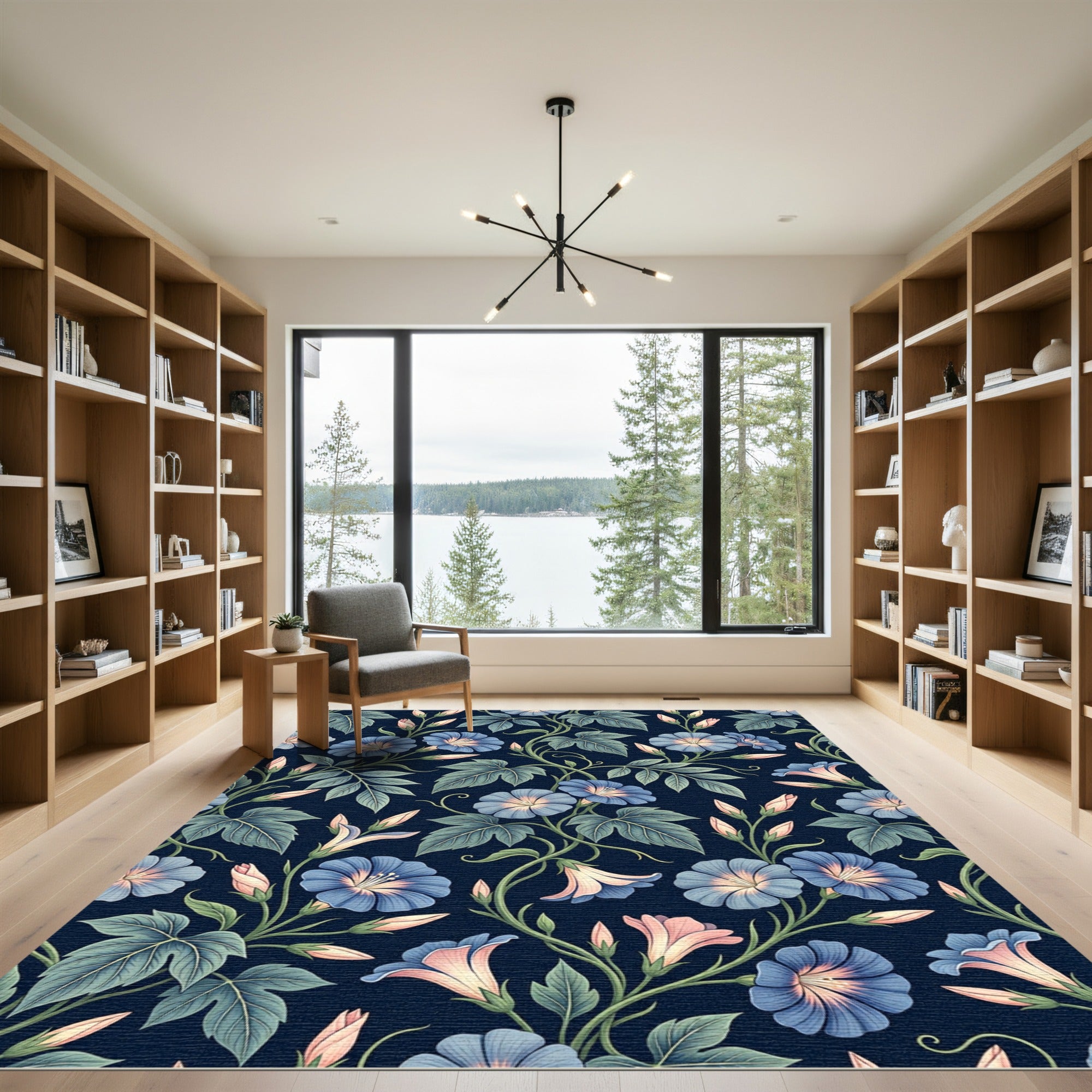 Navy Blue Botanical Morning Glory Floral Rug