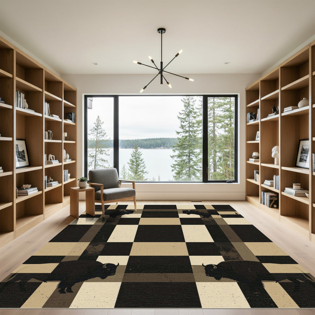 Neutral Bison Plaid Geometric Grid Rug