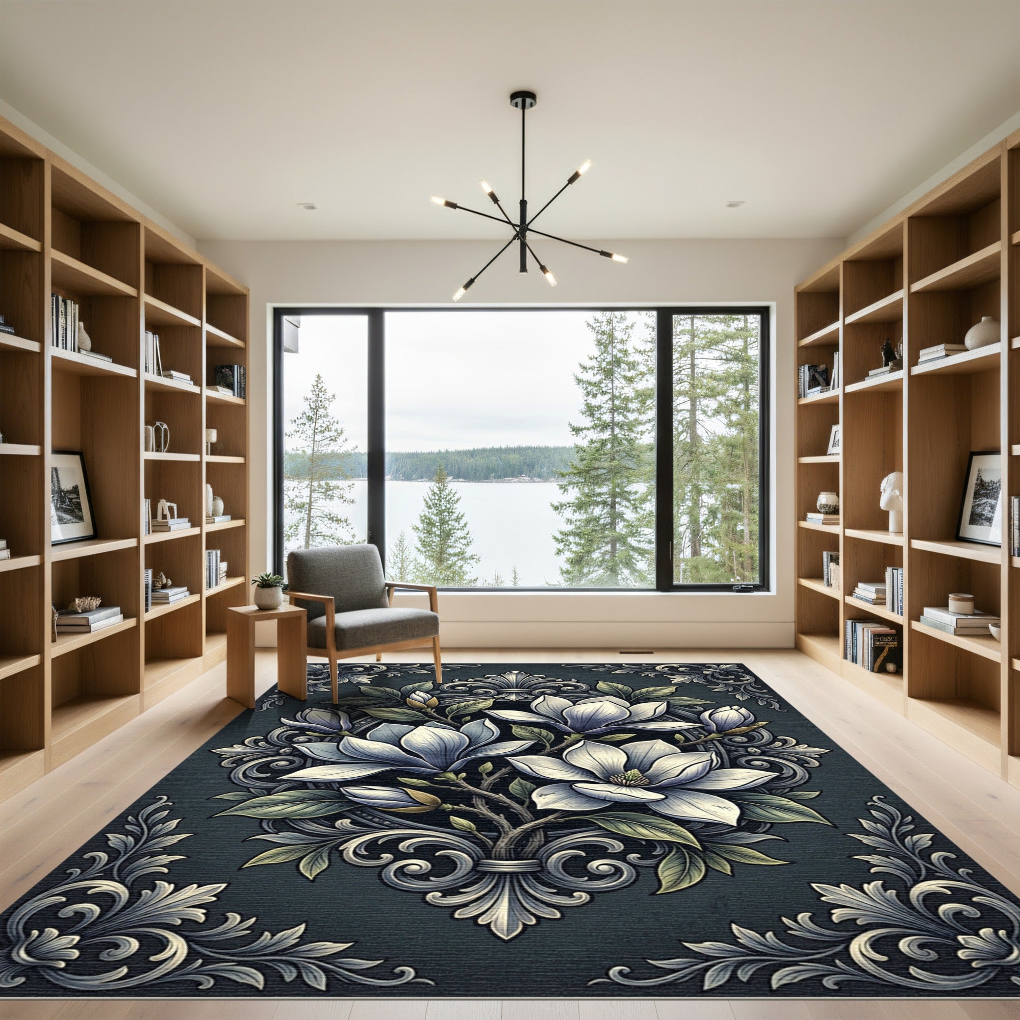 Elegant Charcoal Magnolia Floral Medallion Rug