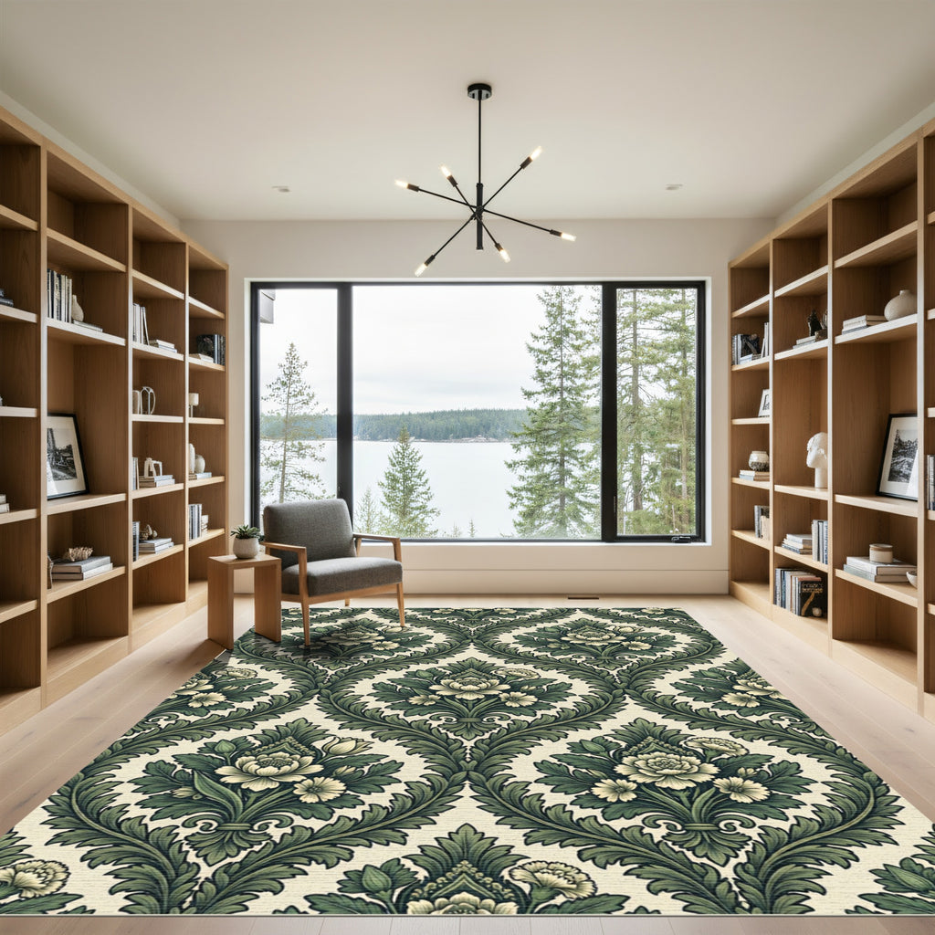 Sage Green Victorian Floral Damask Rug