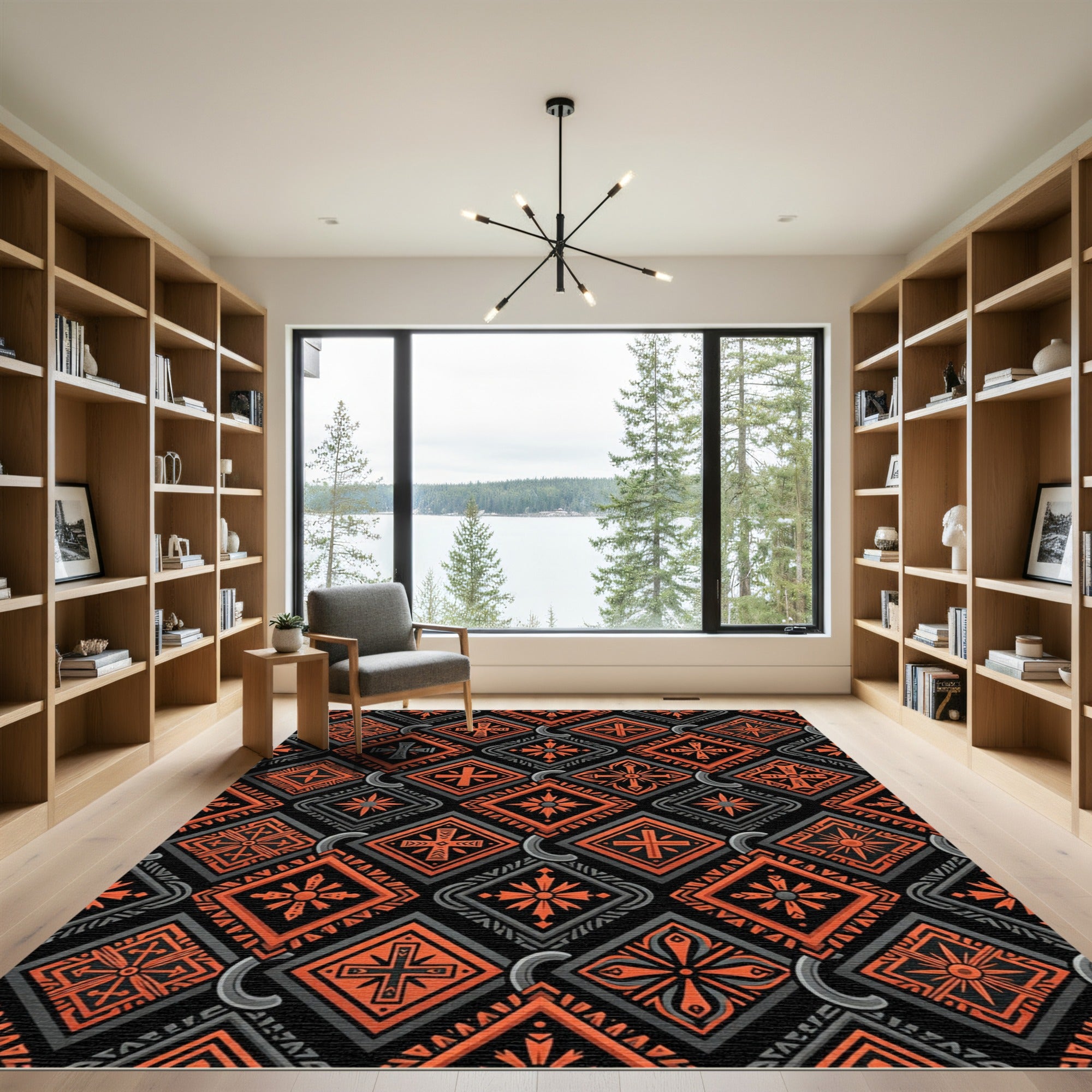 Bold Burnt Orange Geometric Cross Tile Rug