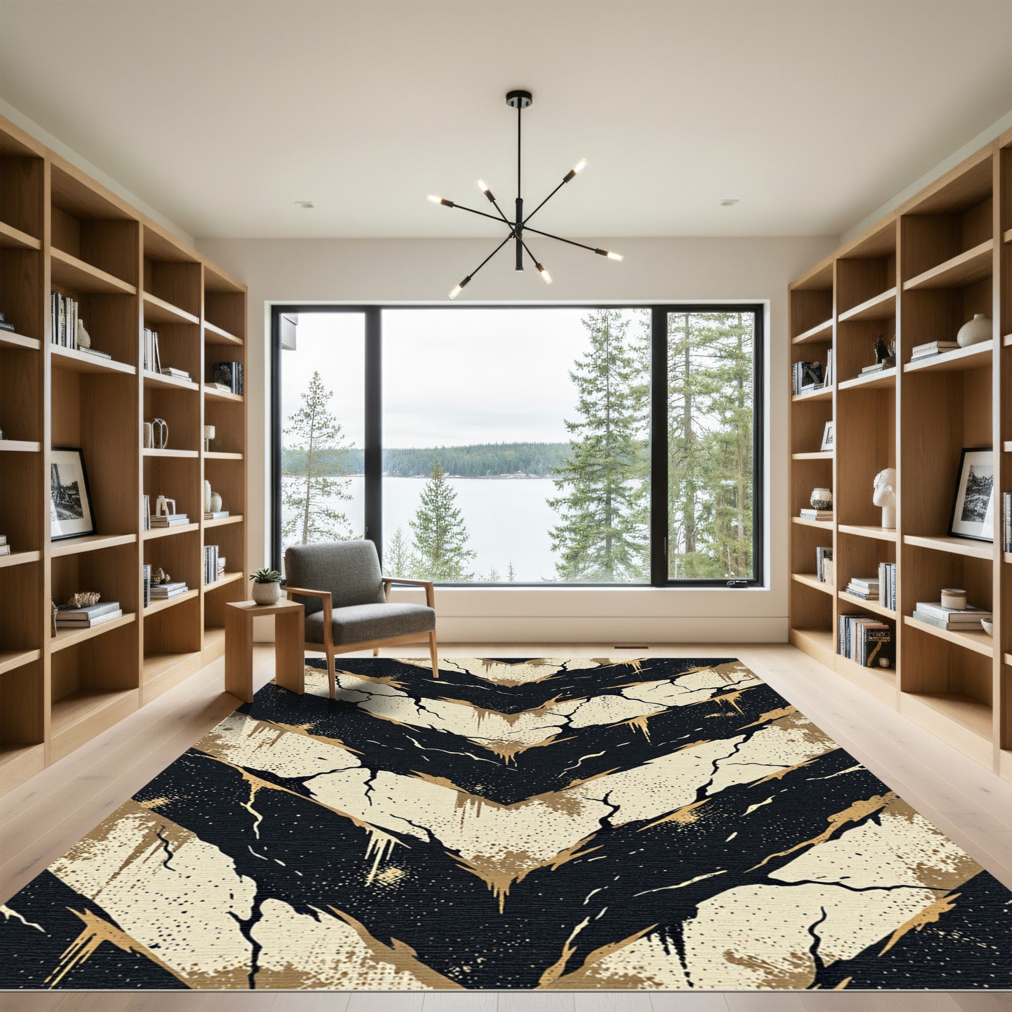 Black and Beige Distressed Chevron Rug