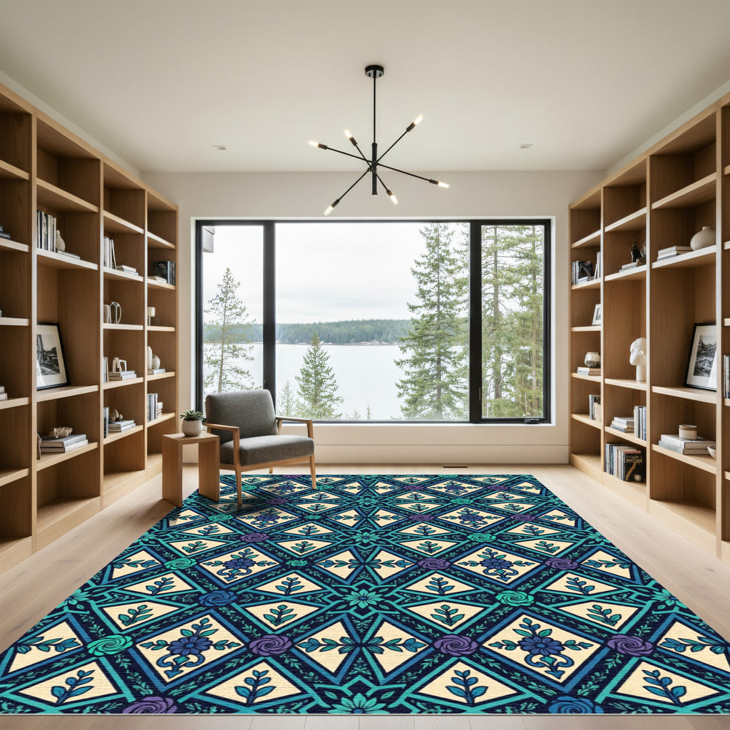 Teal Blue Geometric Rose Medallion Rug